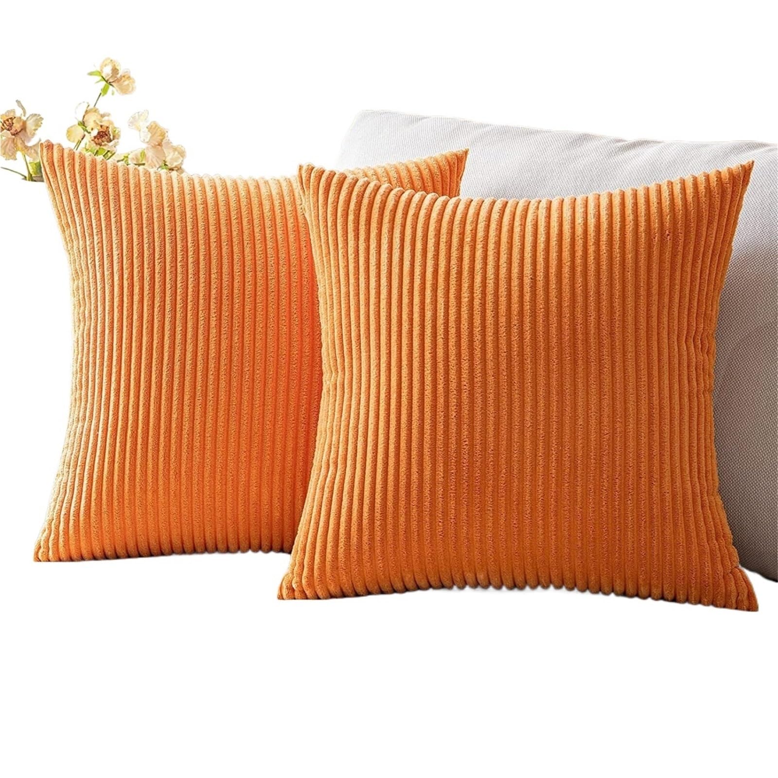Corduroy Cushion Covers 2pcs Corduroy Striped Throw Pillow Covers For Sofa Bed Couch Car Soft Cushion With Zipper 12x20in/18x18in No Inserts for Sofa Couch Bedroom(2pcs Orange,45x45cm(17.7x17.7in))