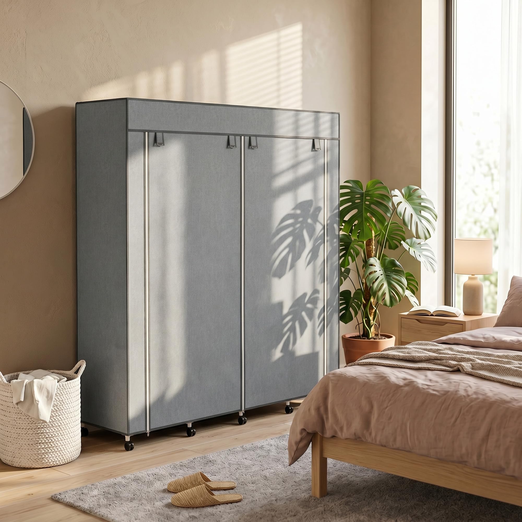 HOMCOM Armadio Portatile Guardaroba Ruote 166x42.5x167cm Grigio Scuro | Tessuto non Tessuto e Acciaio, 10 Scomparti, 2 Barre Appendiabiti, Ante a Cerniera