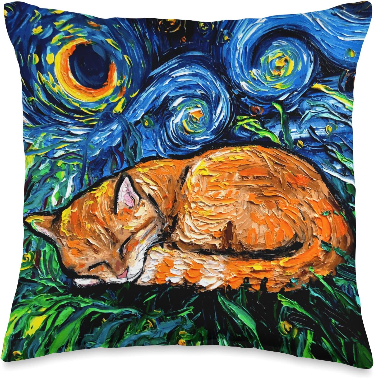 Sleeping Orange Tabby Starry Night Artwork Cat Lover Gift Throw Pillow