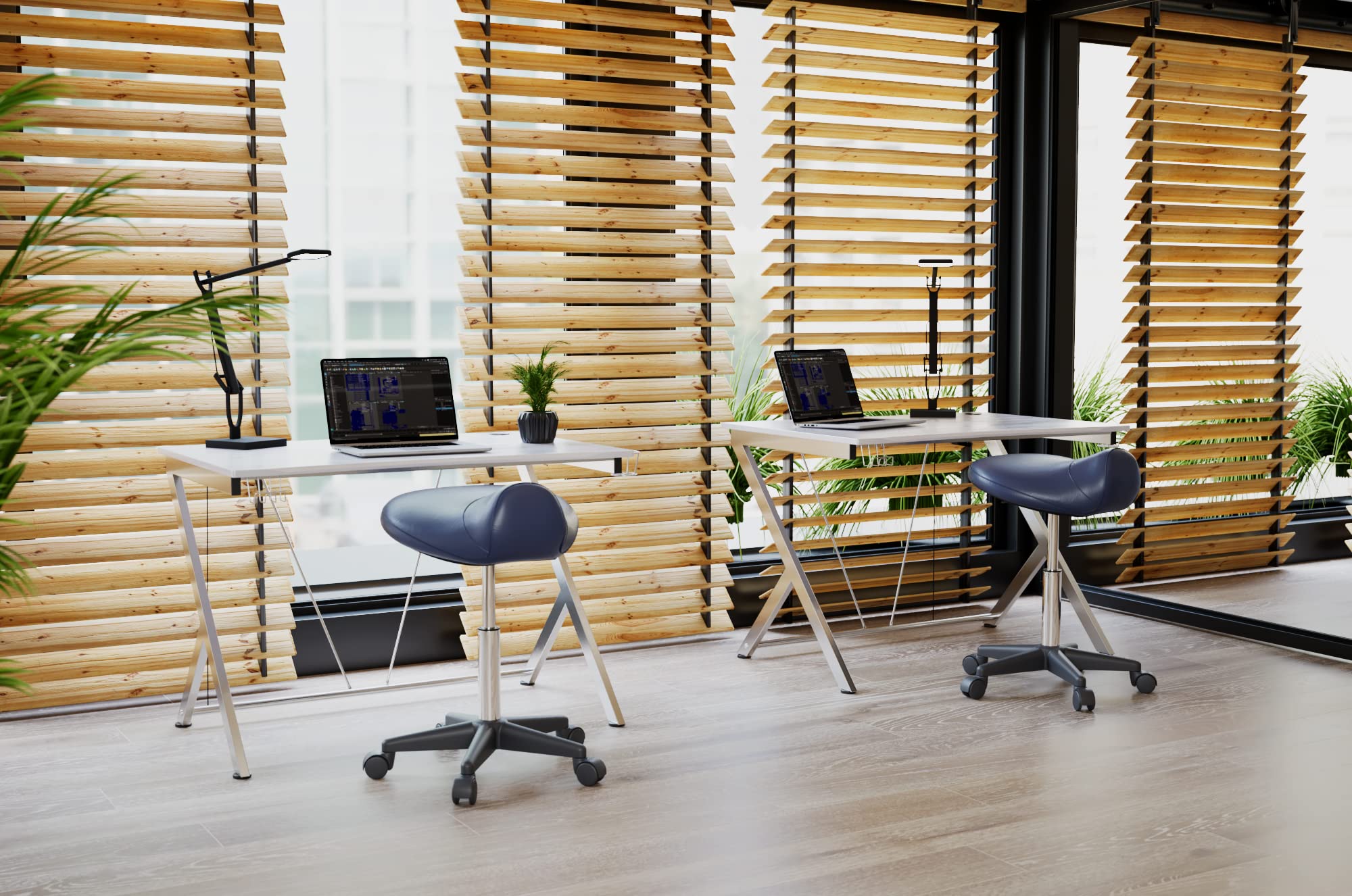 Sattelhocker - Extra breiter Sattelsuhl - Drehhocker Arbeitshocker Rollhocker mit Sattelsitz für Büro & Praxis - höhenverstellbar (50-73cm) - bis 170 kg (Marineblau)