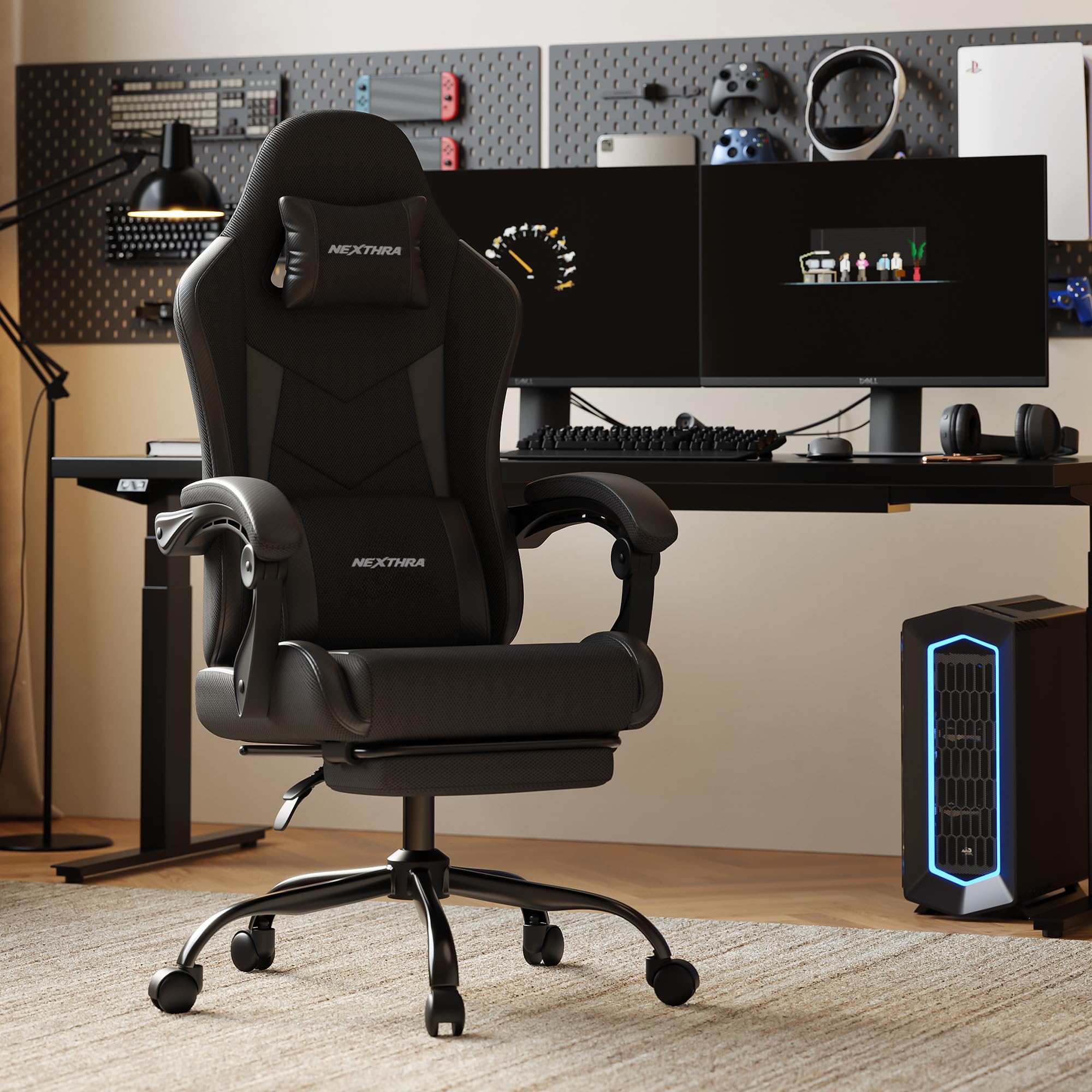 Nexthra Gaming Stuhl Ergonomisch mit Fußstütze, Gepolsterter Gamer Stuhl bis 180 kg, 150° Verstellbare Rückenlehne, Komfortabler Gamingstuhl Bürostuhl für Gaming und Büro, Schwarz
