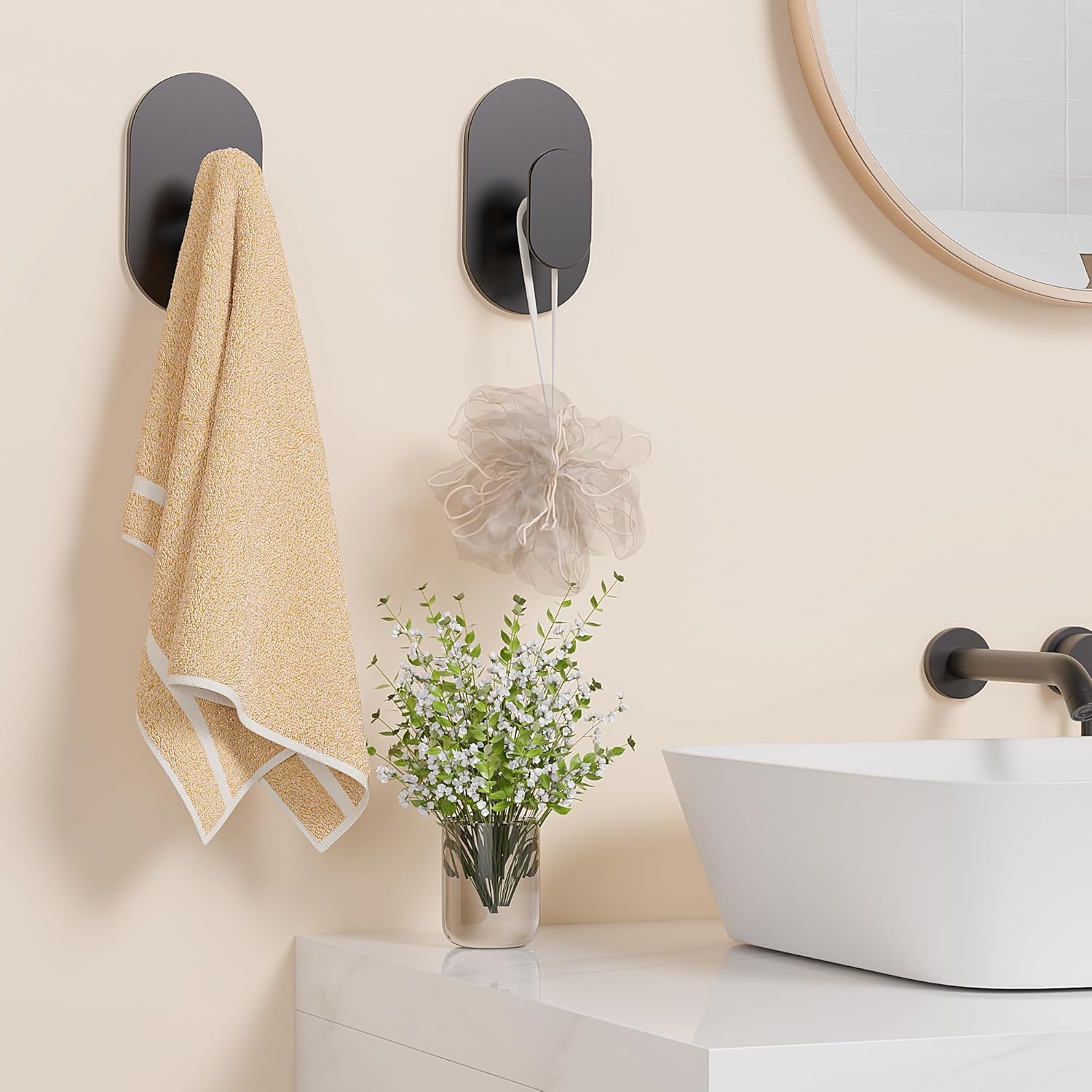Aikzik Adhesive Towel Hooks - 4 Pack 26LB Extra Strong Heavy Duty Wall Hooks for Bathroom/Shower Door Hanging Coat, Robe, Towel, Dogs' Leads and Collars (Matte Black, Stainless Steel)
