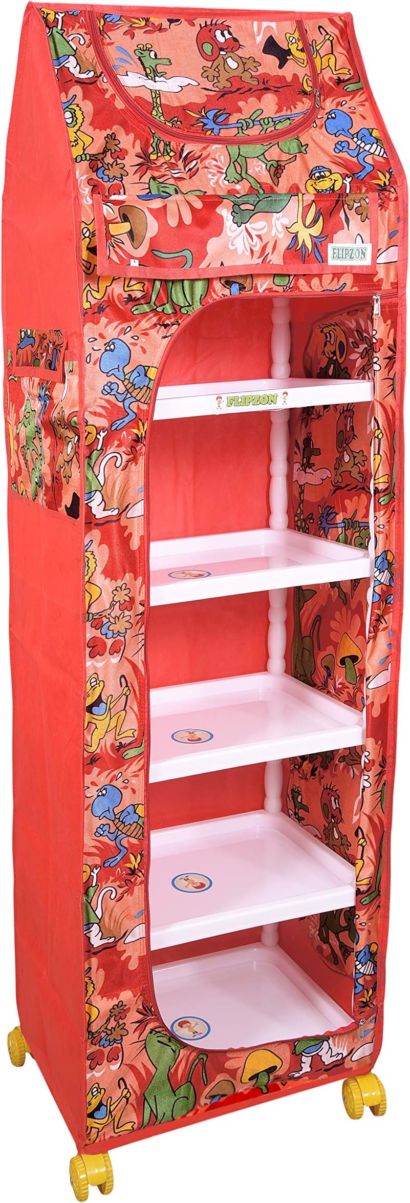 FLIPZON Multipurpose 6 Shelve Foldable Baby Wardrobe/Toy Box (Jungle),Plastic, Red