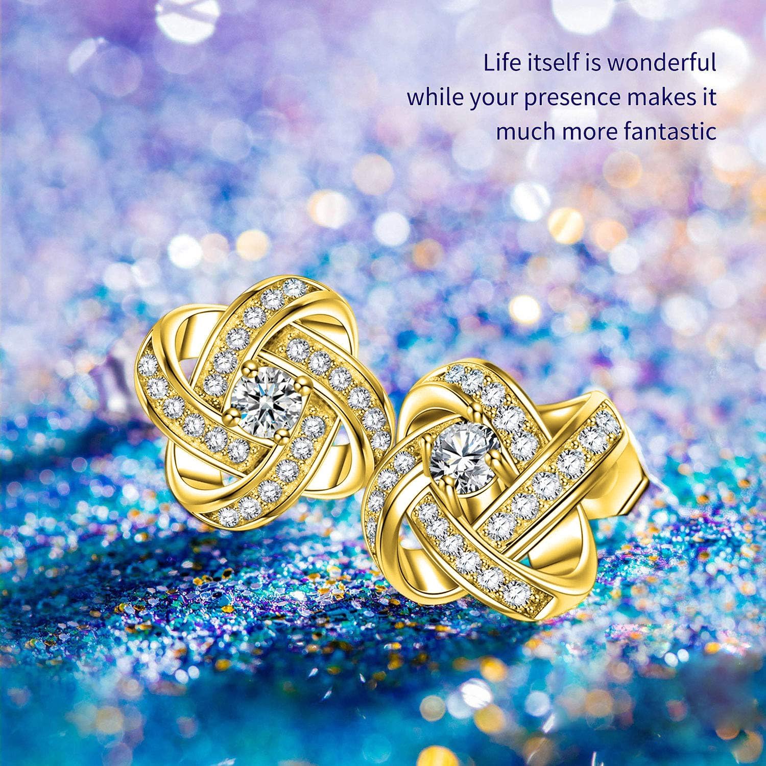 Love Knot Earrings 18K Yellow Gold Plated Flower Stud Earrings for Women Cubic Zirconia Earrings - Image 4