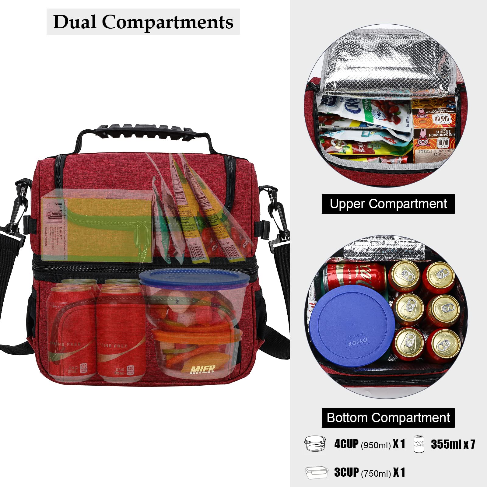 MIER Lunch Bag Men Double Deck Lunch Box Bag,Insulated Leakproof Cooler Bag Adult with Multiple Pockets for Work (Dark Red) - Image 3