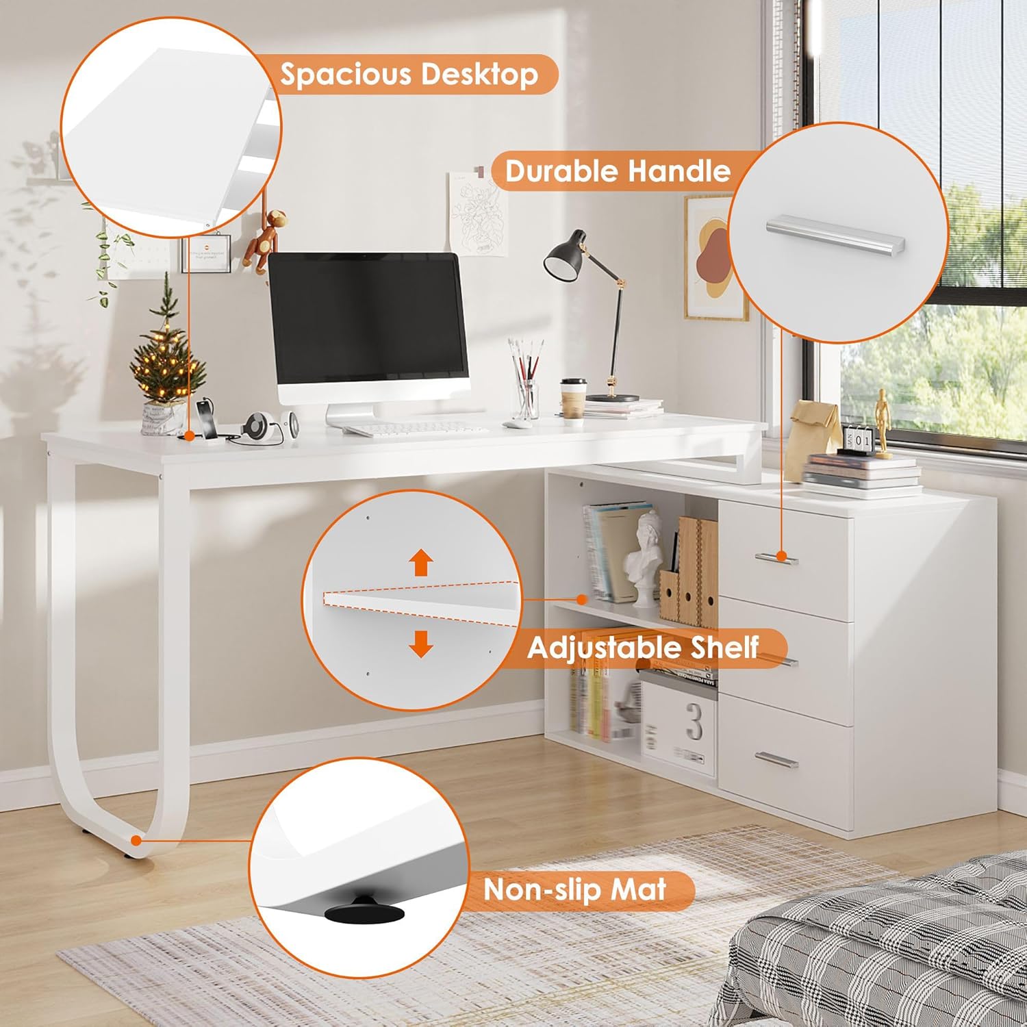 White Large L Shaped Office Computer Desk with Drawers, Reversible Long Corner Gaming Work Study Desk Table with Adjustable Shelves & Storage Drawers, for Home Office, Bedroom