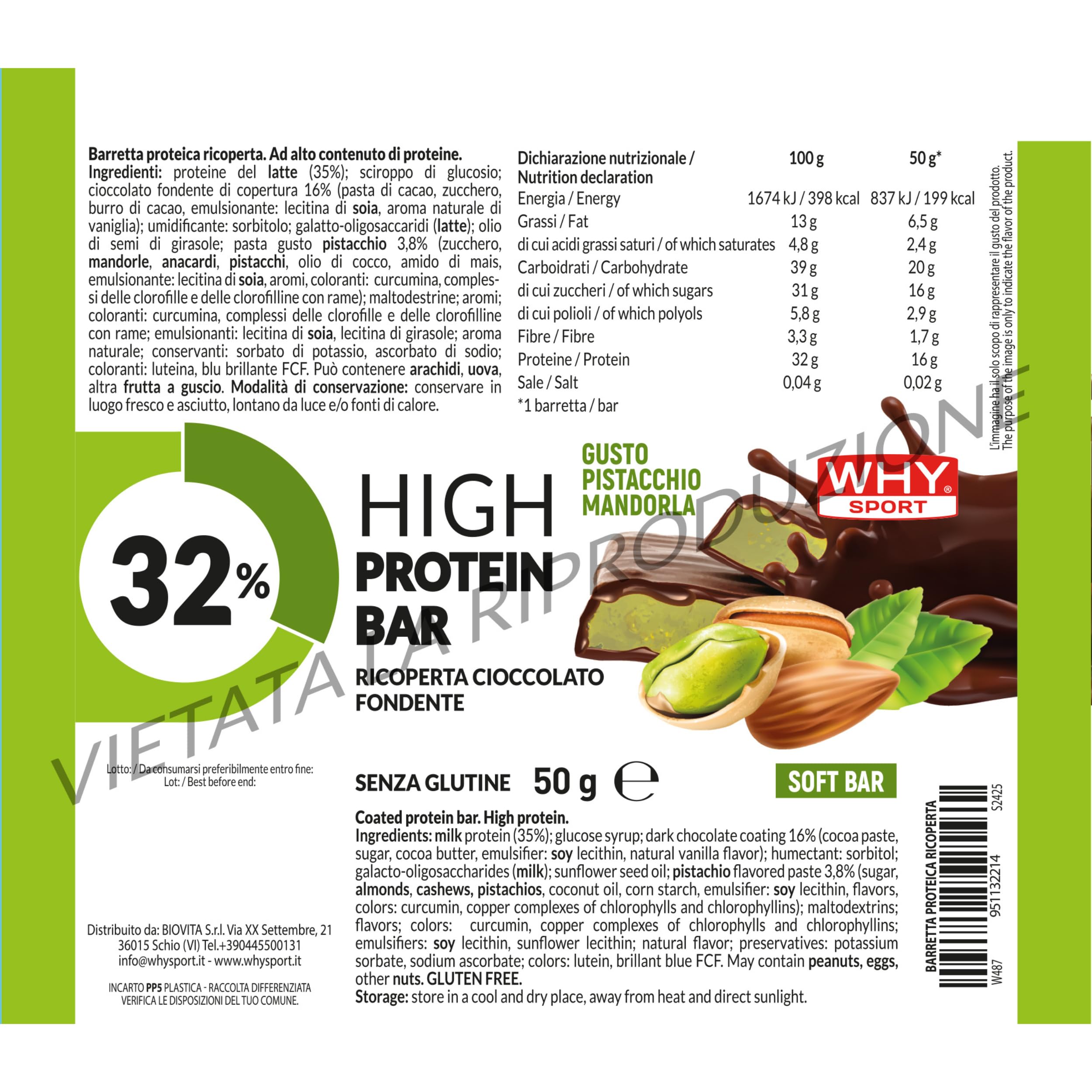 WHY SPORT 32% HIGH PROTEIN BAR- Barrette Proteiche Ricoperte e Ripiene - Barretta Proteica Senza Glutine - Snack Proteico - Box 24 Barrette da 50 gr (Pistacchio)