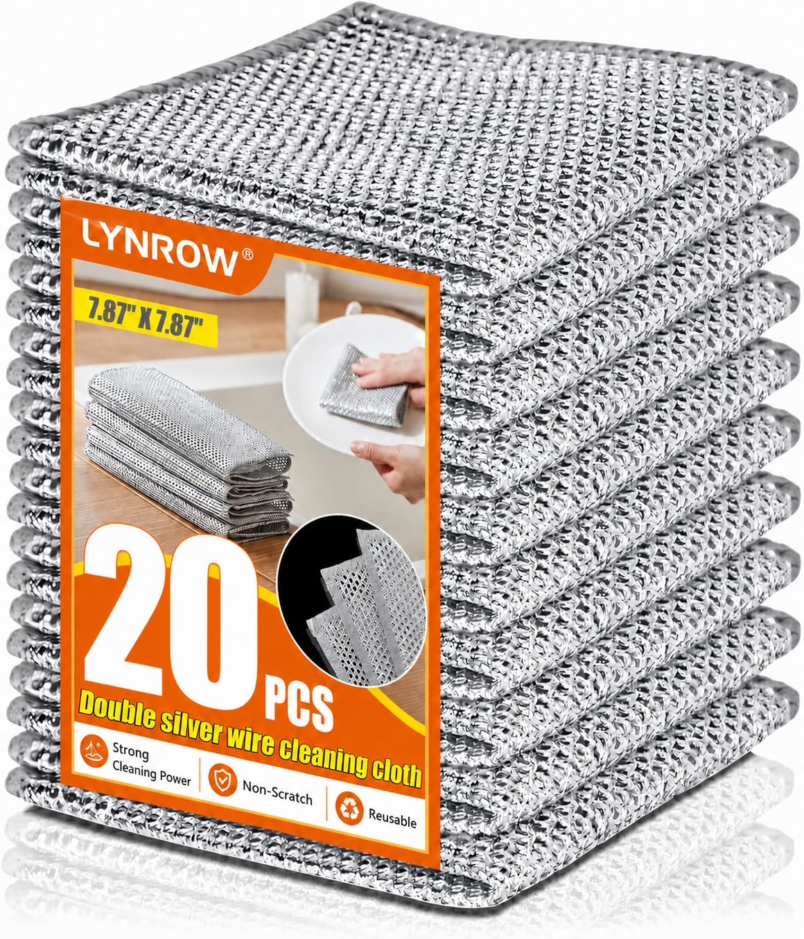 Lynrow Silvery 20 Pack Wire Wool Dish Cloths, Reusable Non Scratch Wire Dishwashing Cloths, Multipurpose Silver Cleaning Cloth For Kitchen, Pots, Pans, Sinks, Glass, Hob & Cookware, 20 X 20 Cm