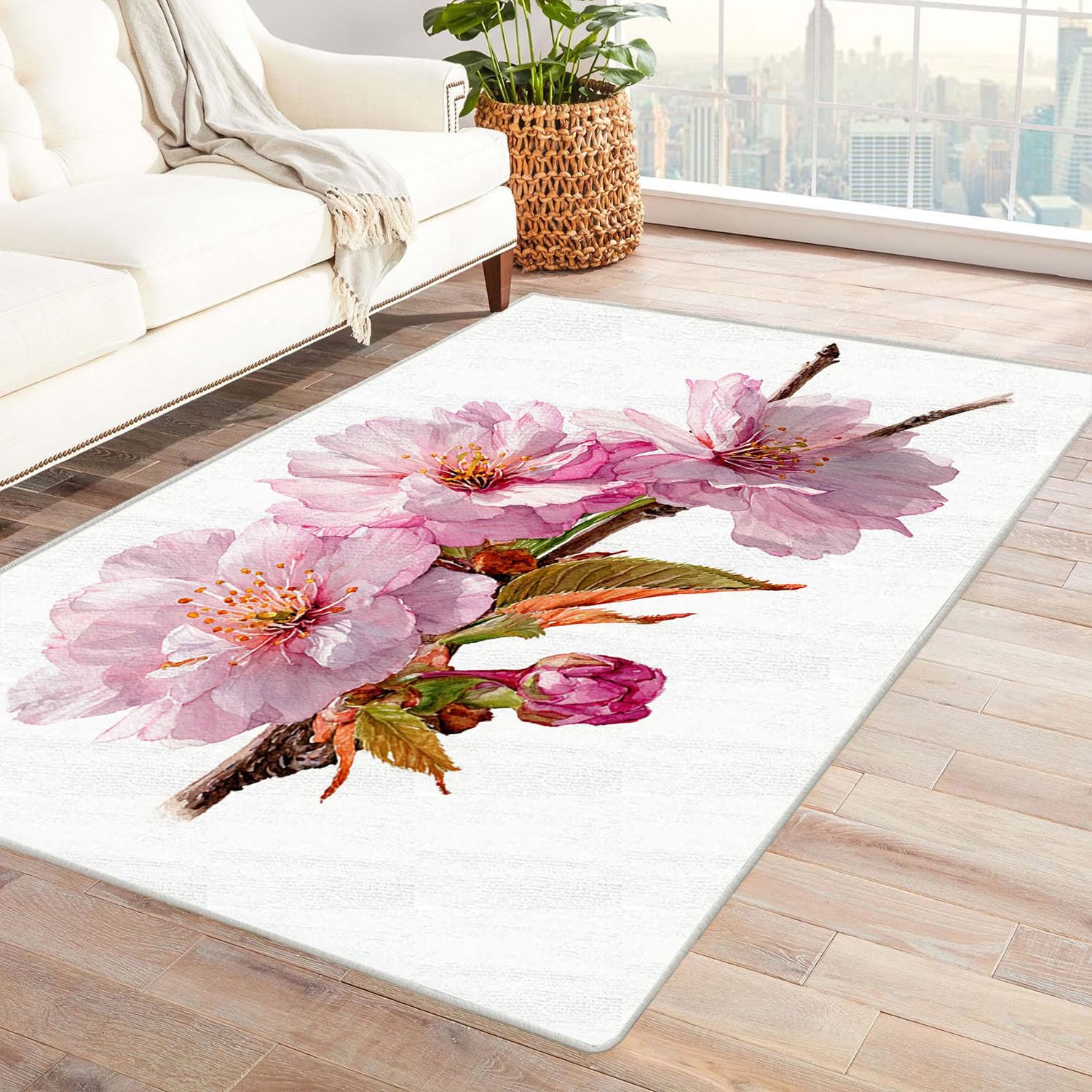 Tapis de Salon Imprimé Coloré Fleurs de Cerisier en Poudre pour Salon, Chambre, Bureau(Rose pâle)-90x120cm