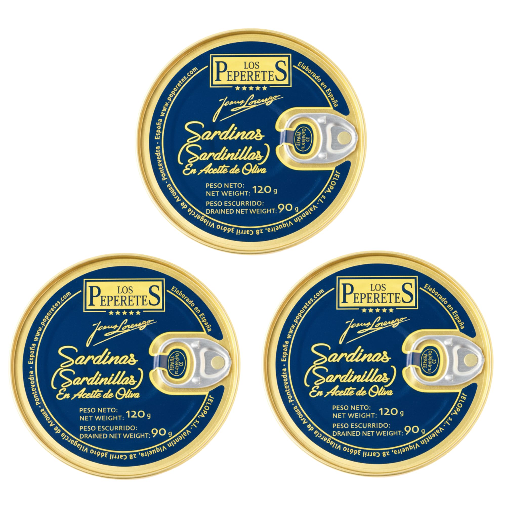 LOS PEPERETES x3 Lata Sardinillas Gallegas en Aceite de Oliva Virgen Extra 120 g | Sardinas Pequeñas Gourmet | Conserva Artesanal Premium | Pescado Azul de las Rías Gallegas