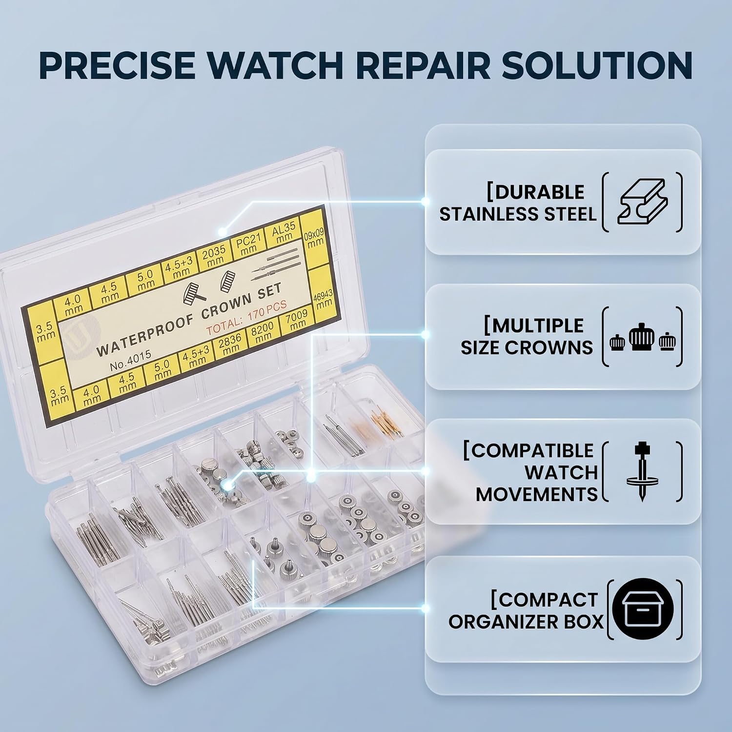Watch Crown and Stem Assorted Set Stainless Steel Repair Kit