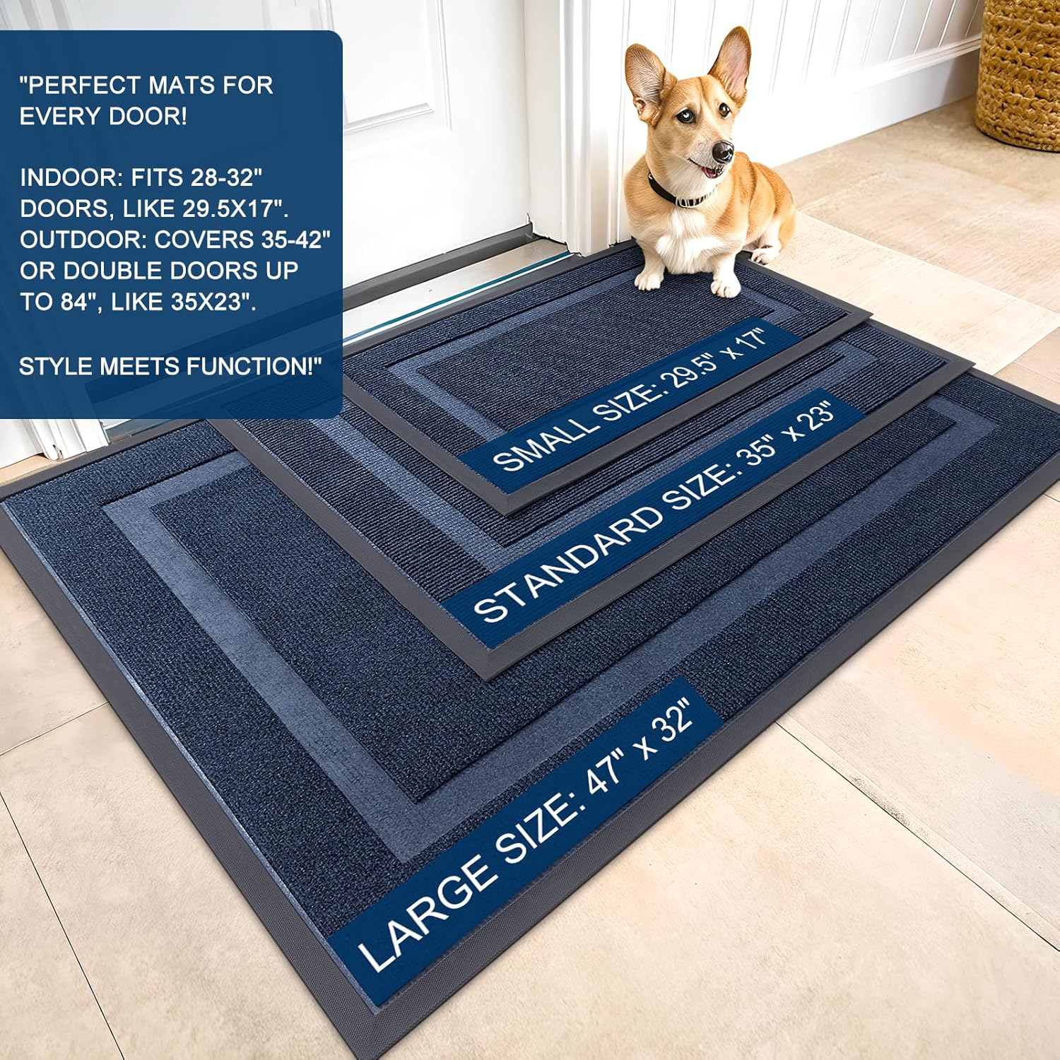 OLANLY Front Door Mat Indoor Outdoor Entrance, Waterproof All-Season, All-Weather Doormat, Sturdy Natural Rubber, Fade Resistant, Low Profile, Easy Clean Patio Porch Entryway Mat, 59x23, Blue Blue Classic Border Rectangular 59" x 23"