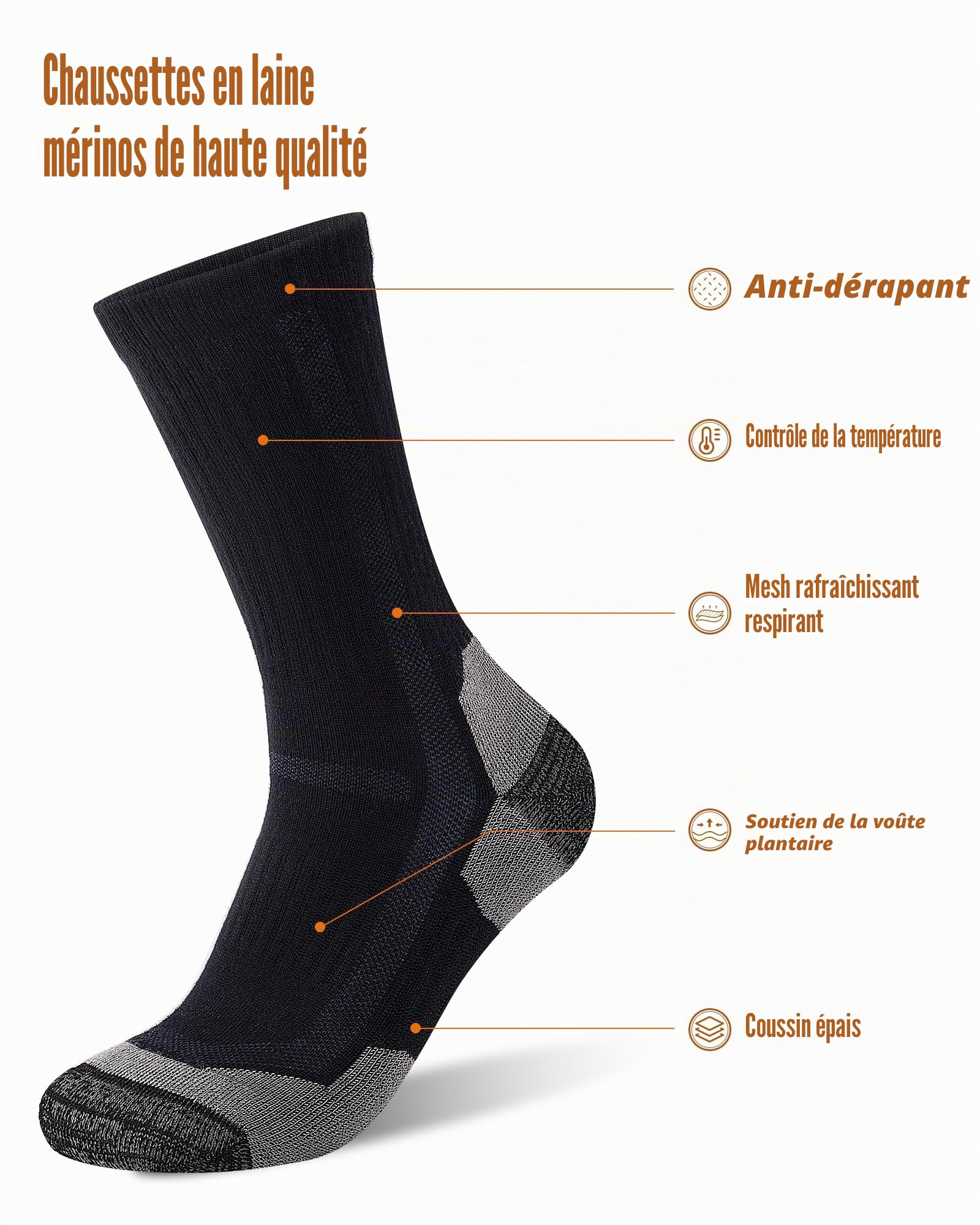 SockWaddles Chaussettes Randonnée Homme Femme Laine Mérinos Respirantes Amortissantes Trekking Course 3 Paires