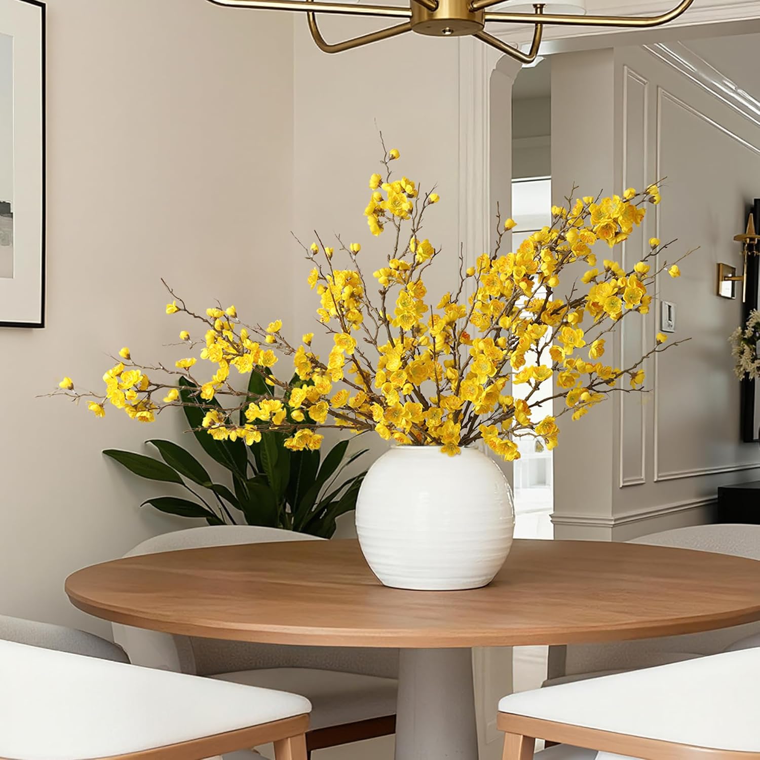 florisso 6 PCS Artificial Cherry Blossom Branches Spring Indoor Decoration, Faux Yellow Silk Flowers 34.45" Long Stems Real Touch Plum Fake Peach Plants for New Year Wedding Home Bedroom Table Office