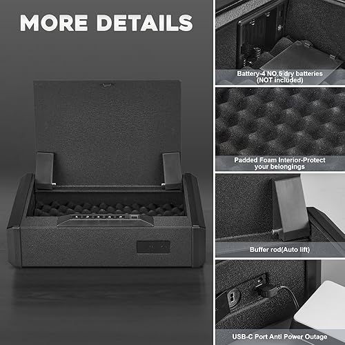 Miniatura 3 de Domenow Caja fuerte para pistola de huellas dactilares, contiene tres maneras de acceso rápido con llaves, teclado y puerto USB, caja fuerte para