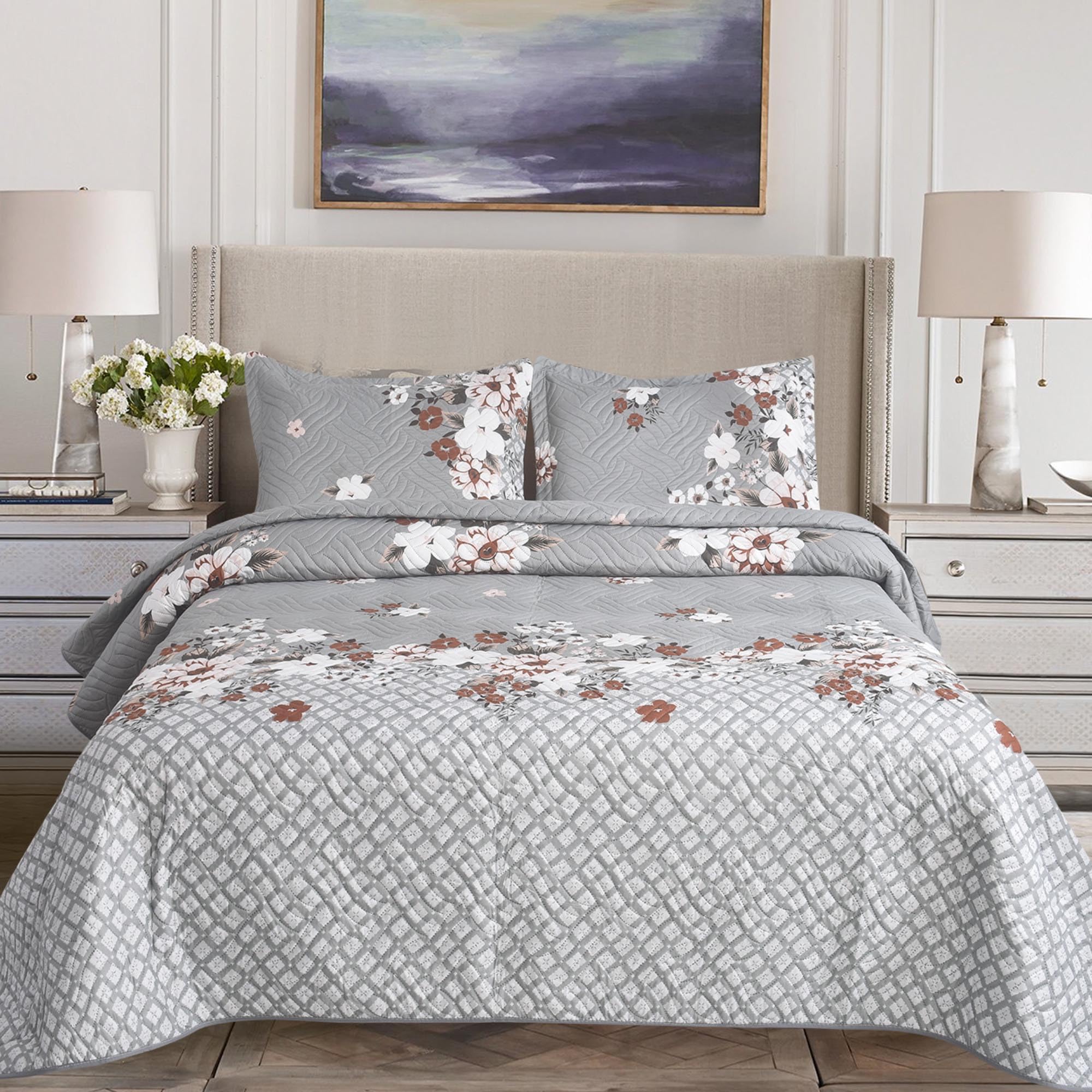 BOSKI LONDON 3 Piece Quilted Patchwork Bedspread with 2 Shams | Reversible Floral King Size & Double | Lightweight Microfiber Quilt | 220x240cm (Grey Charm) โ image 1