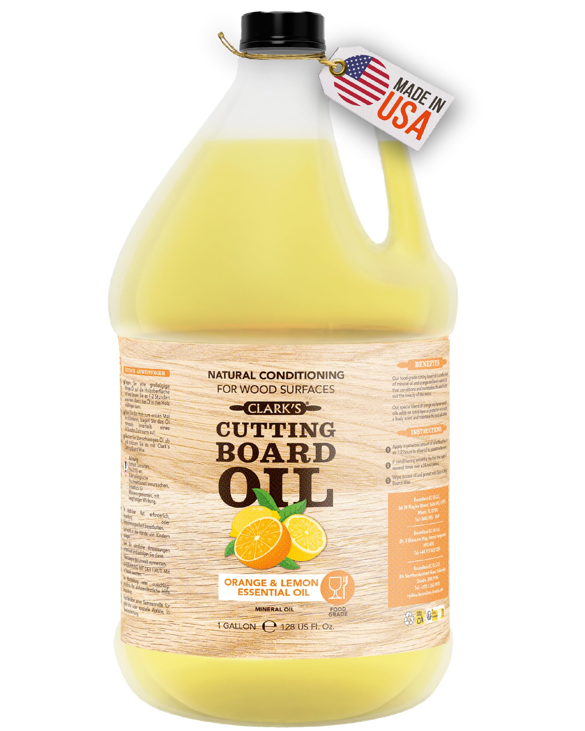 CLARK'S Cutting Board Oil - Food Grade Mineral Oil for Wood Cutting Board - Scented with Lemon & Orange Essential Oils - Butcher Block Conditioner - Restores and Protects Wood, 1 Gallon
