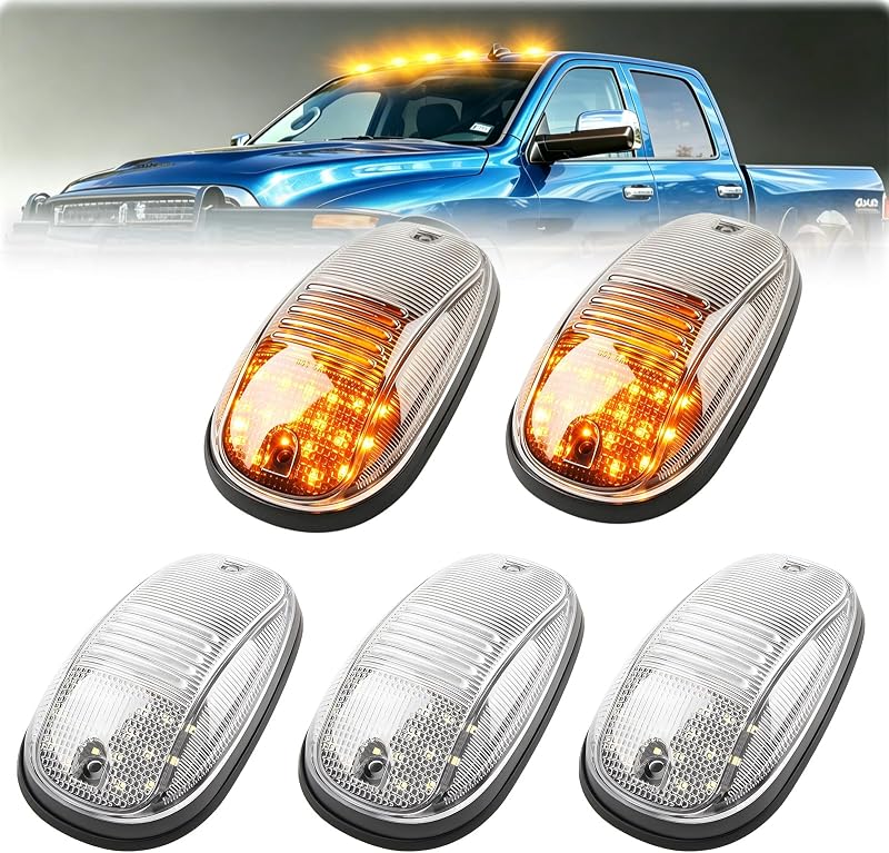 Luzes LED de teto para cabine POPMOTORZ Dodge Ram – Lente transparente, LED âmbar, conjunto com 5 unidades