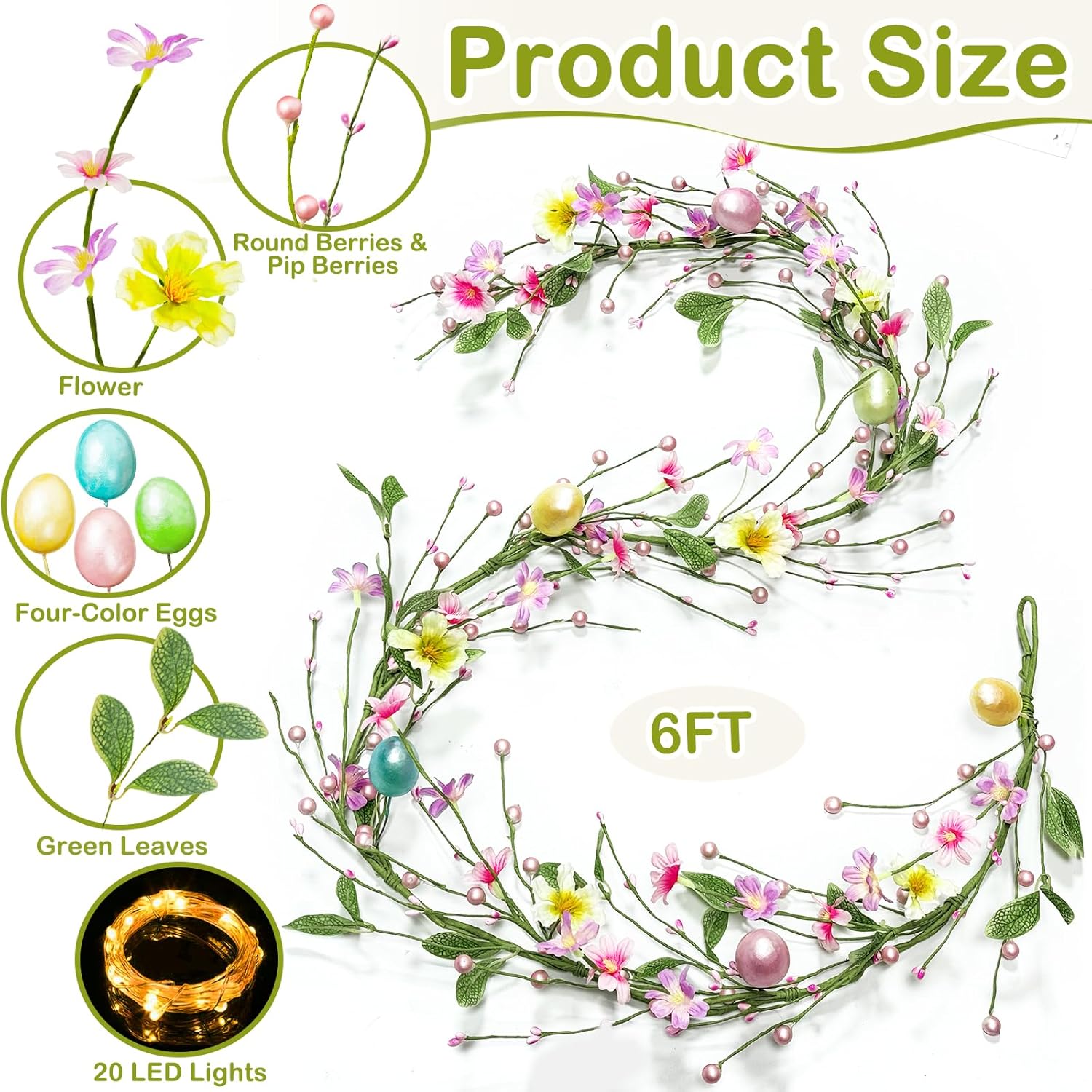 6 Ft Lighted Easter Garland Easter Decorations, Easter Egg Garland with 20 LED Lights Timer Flowers Berried Green Leaves Artificial Spring Garlands Battery Operated for Home Table Mantle Holiday Decor - Image 2