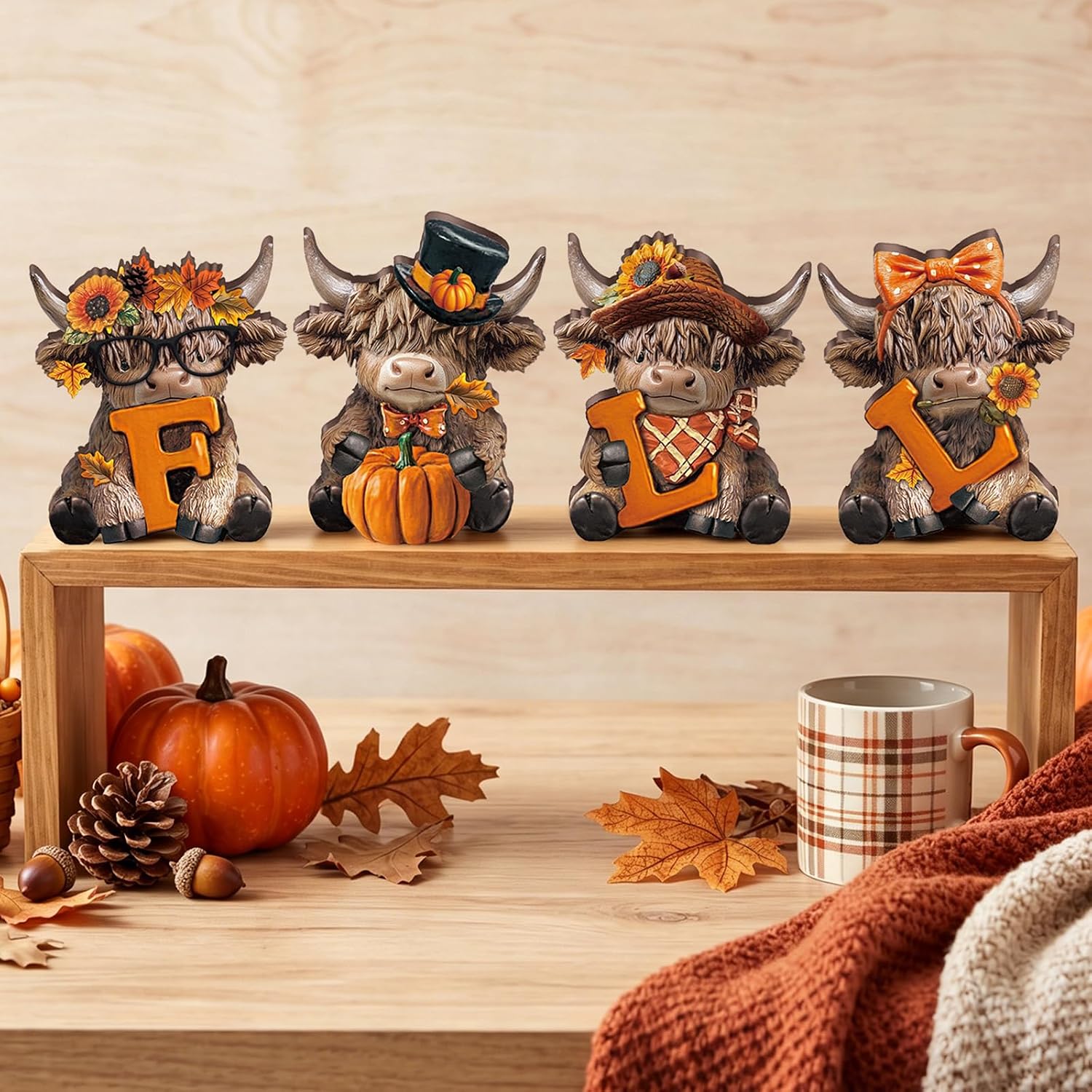 Bucherry 4 Pcs Fall Highland Cow Figurines Statue Gnomes Autumn Table Decor image 5