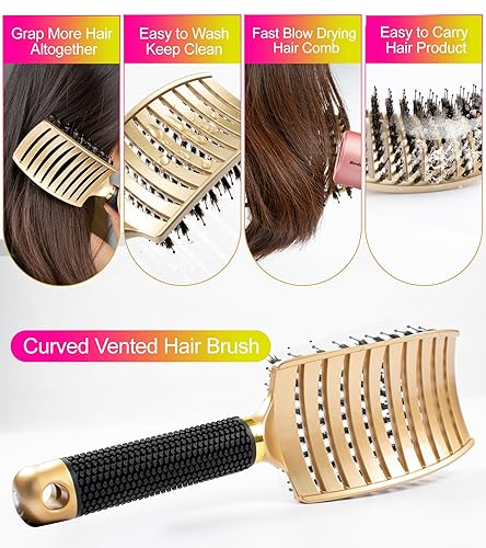 Miniatura 5 de Cepillo desenredante de cabello húmedo para cabello rizado, paquete de 2 cepillos de pelo de cerdas de jabalí, cepillo desenredante curvado y