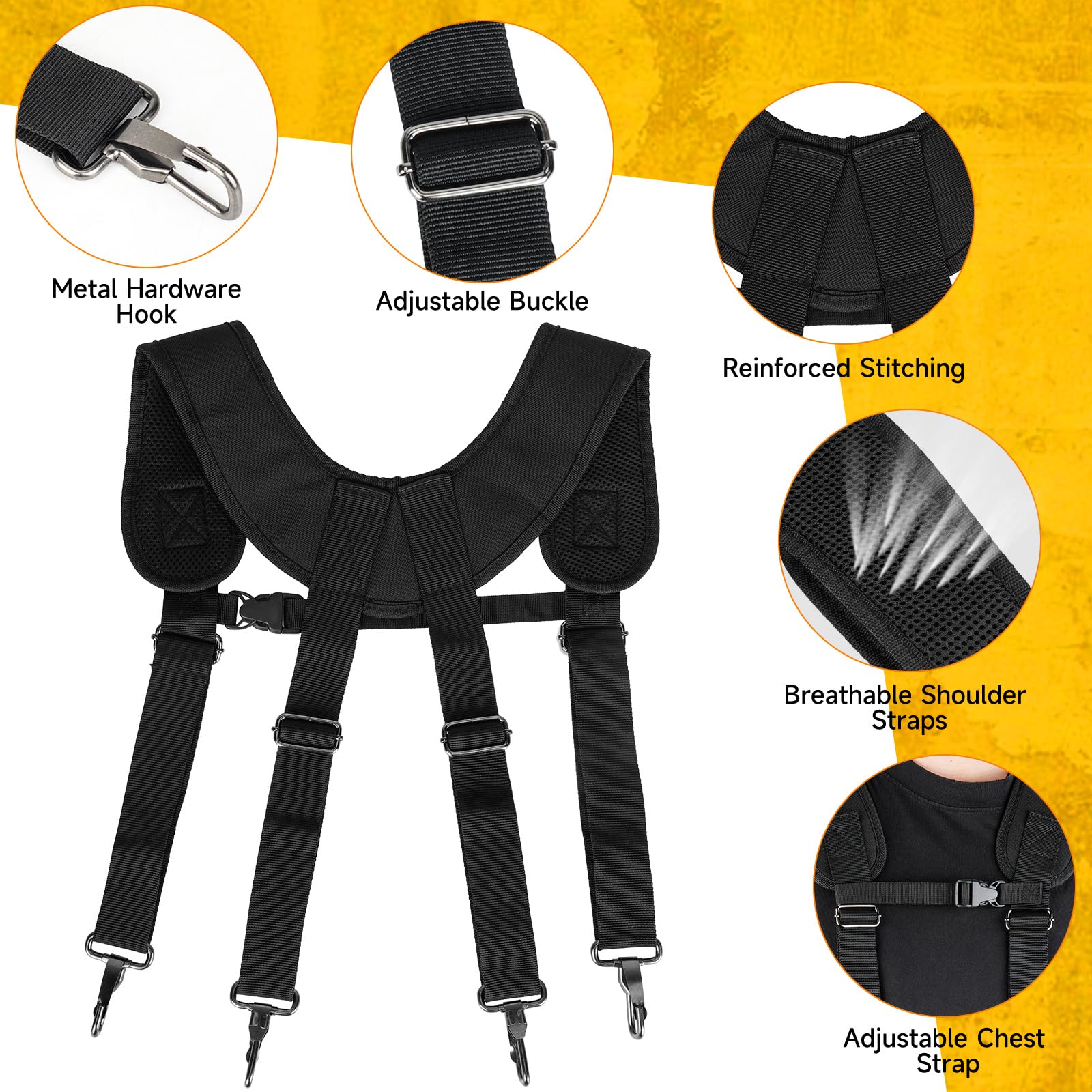 Ceinture à outils avec bretelles, 27 poches, ceinture à outils robuste pour homme avec pochette à outils magnétique, sac de ceinture de travail amovible et réglable pour électricien, charpentier