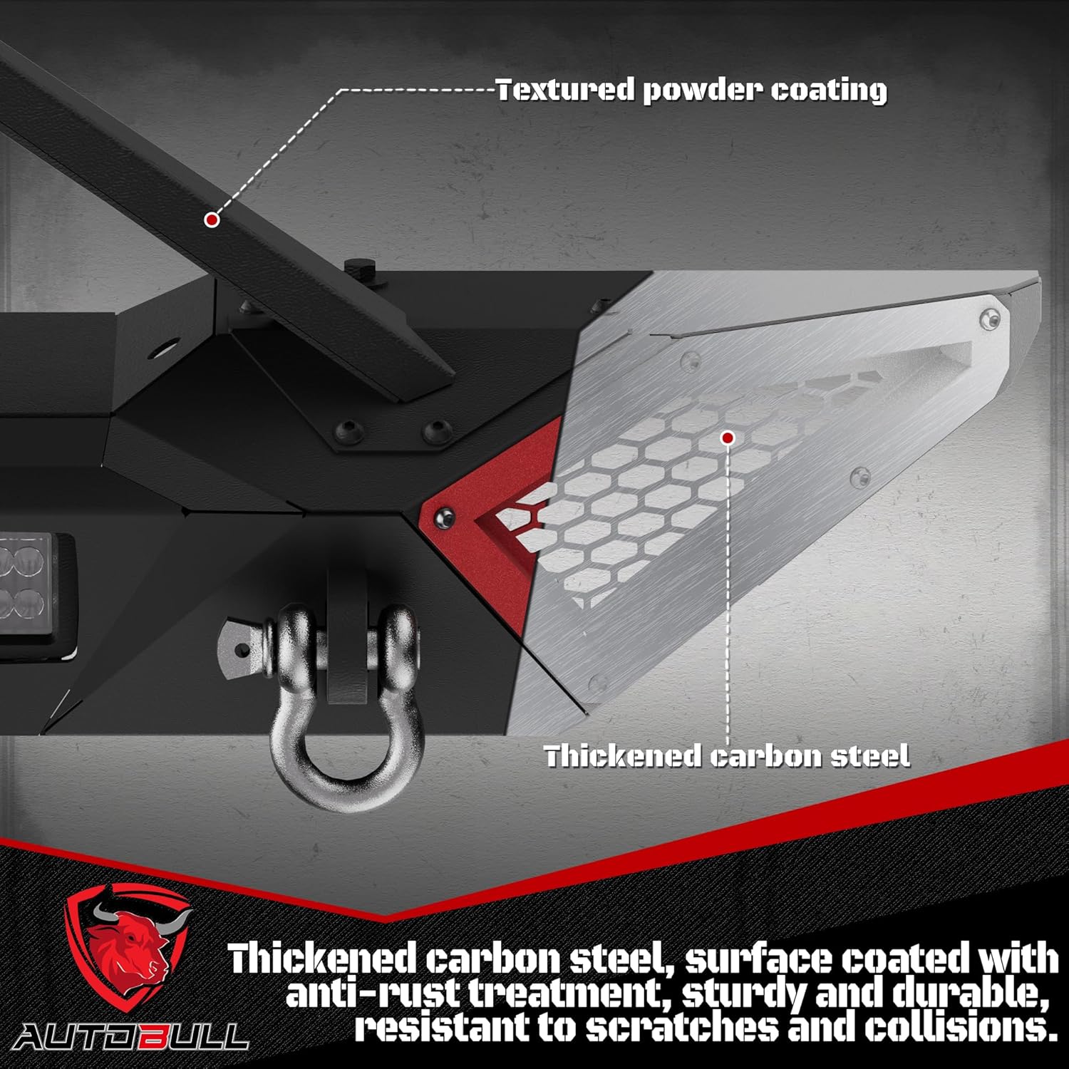 Front Bumper - Compatible with 2007-2018 JP Wrangler JK/JKU & 2018-2024 JL/JLU, Off-Road Rock Crawler Full-Width Bumper with Winch Plate, LED Lights, D-Rings & Red Paintable Armor