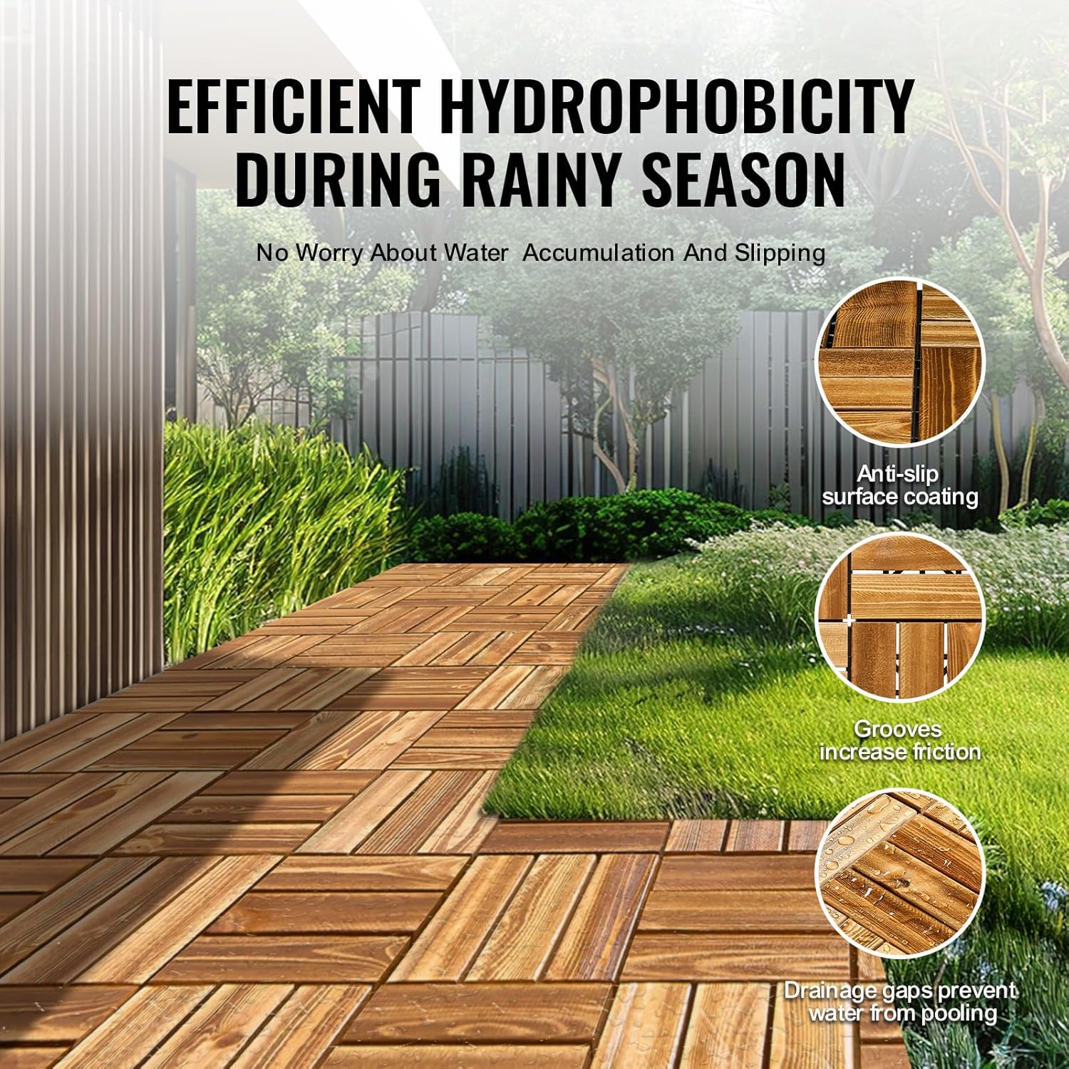 VEVOR Interlocking Deck Tiles Solid Wood, 27 Pack,12"x12" Waterproof Sphagnum Pine Wood Flooring All Weather Use, Patio Floor Decking Covering Tiles for Porch Poolside Balcony Backyard, (Wooden)