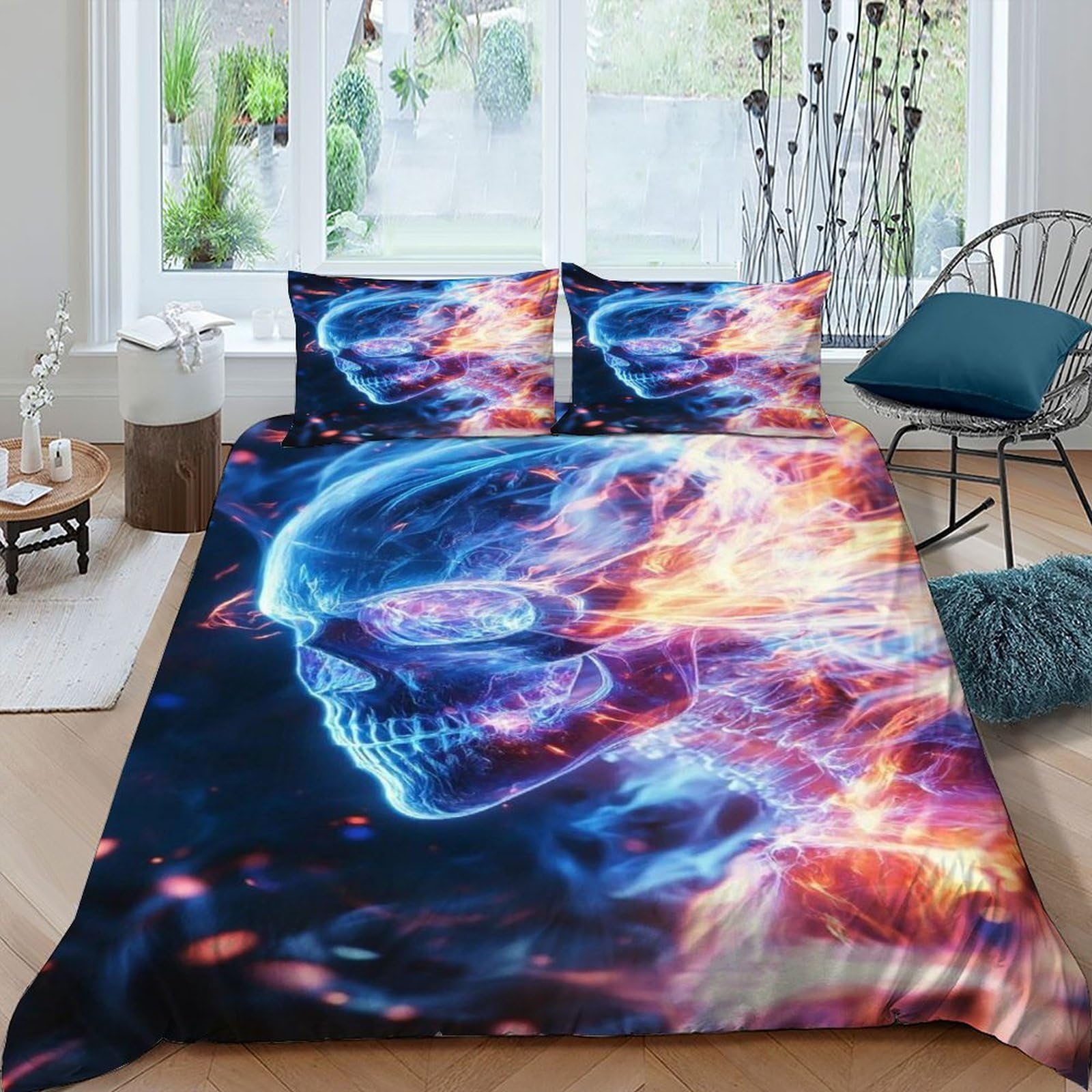 Housse de couette crâne et flammes 3D pour lit king size gothique
