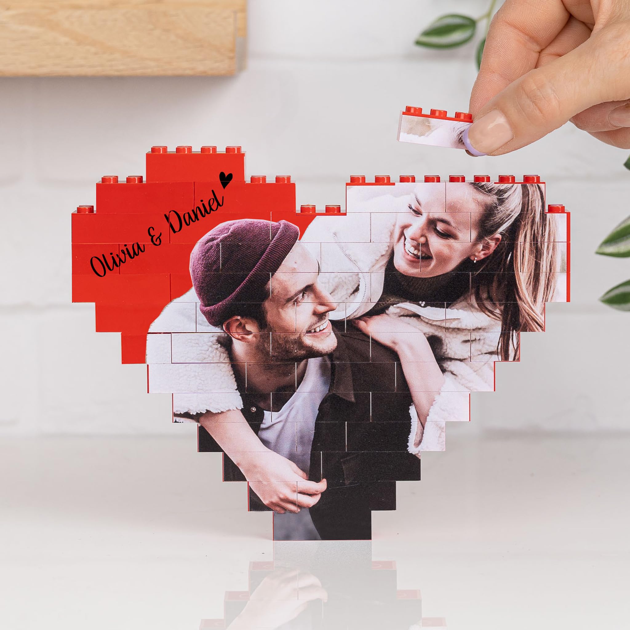 Wanapix | Puzzle Block Cœur Personnalisé | Briques de Construction avec Photo e Texte | Compatible avec Les principales Marques | Cadeau Original | 47 Pièces | 100% Personnalisé Rouge