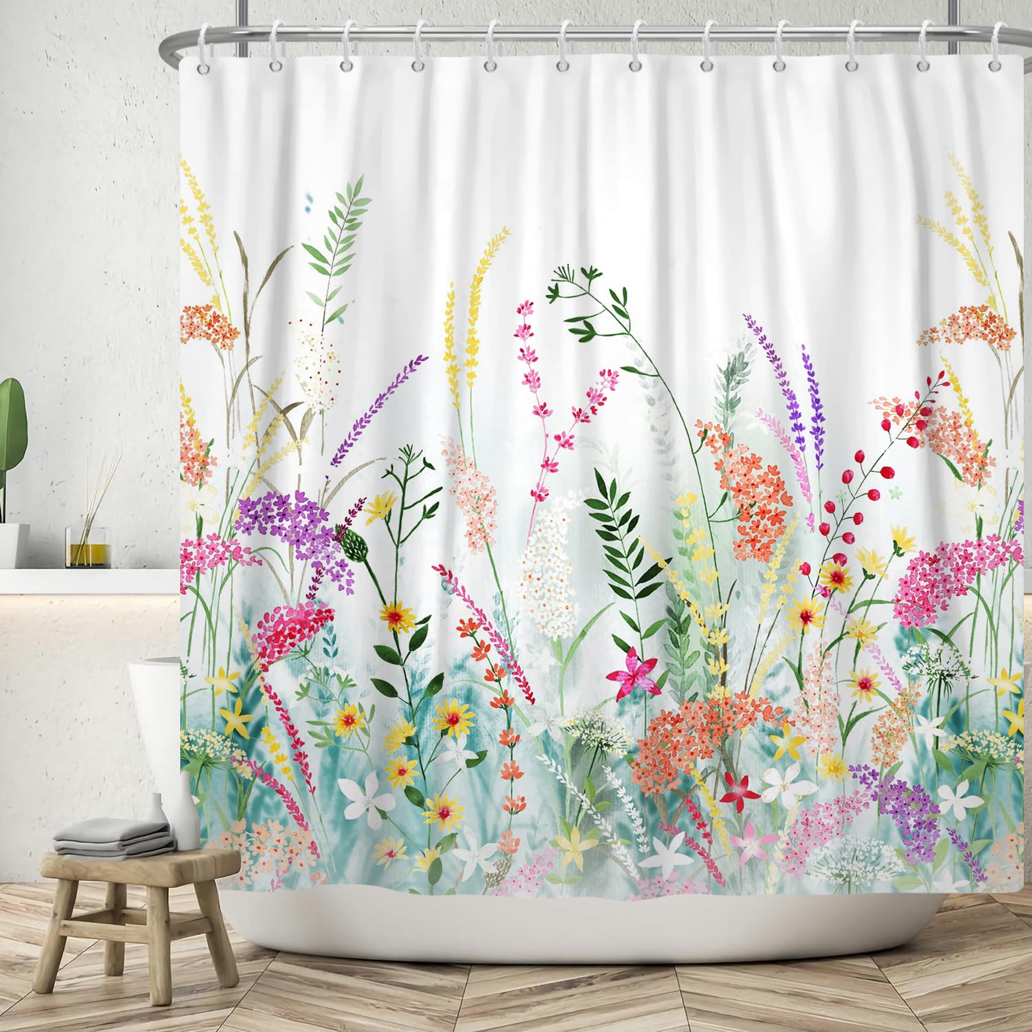 ASDCXZ Flower Shower Curtain 150x180 cm, Spring Red Yellow Purple Colorful Flowers Green Leaves White Bath Washable Shower Curtains Polyester Textile Waterproof Bath Curtain for Bathtub with 10 Hooks โ image 1