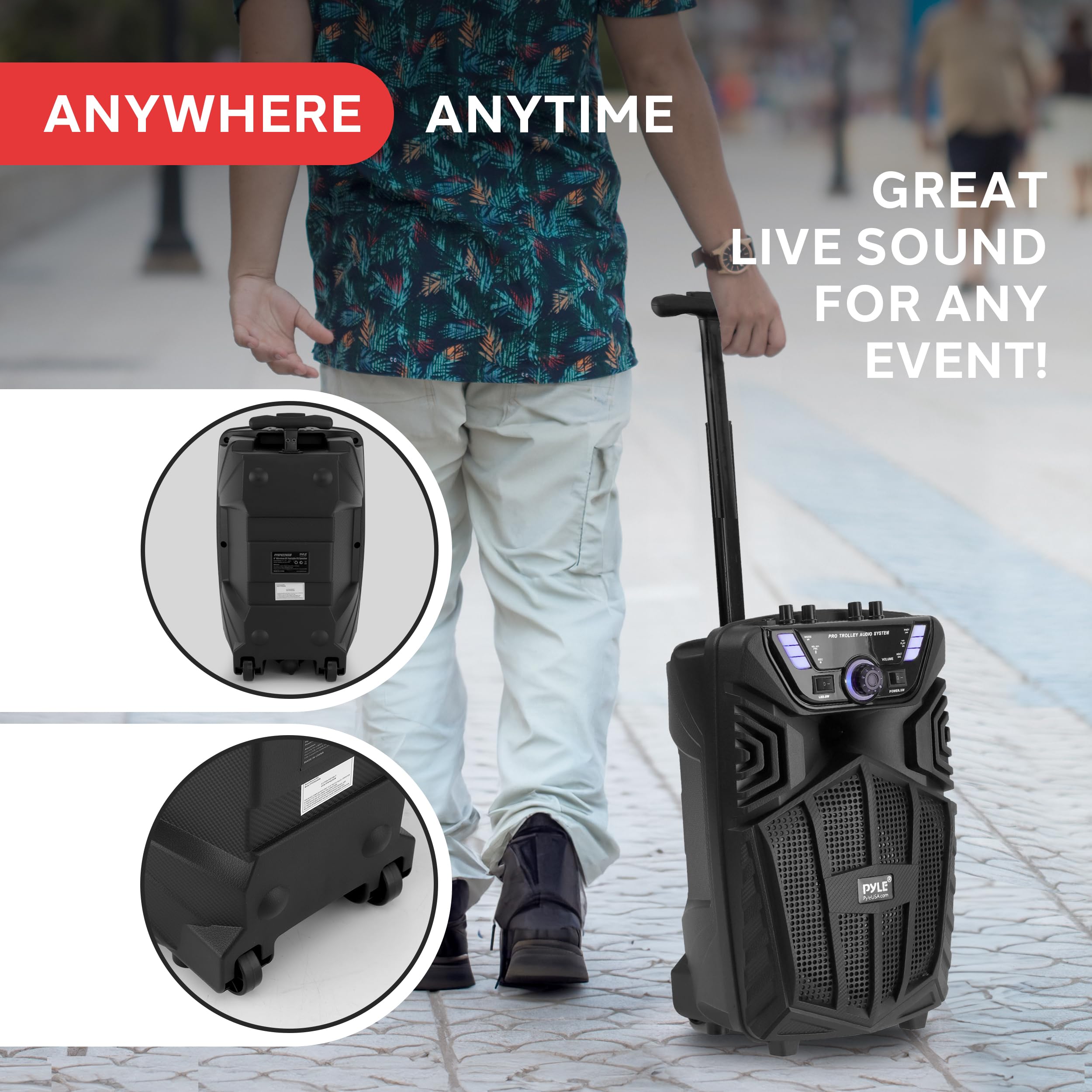 Pyle przenośny głośnik Bluetooth PA 480W – 8” akumulatorowy głośnik karaoke outdoor, system audio z bezprzewodowym mikrofonem i kółkami – TWS, światła imprezowe, wyświetlacz LED, FM/AUX/MP3/USB/SD