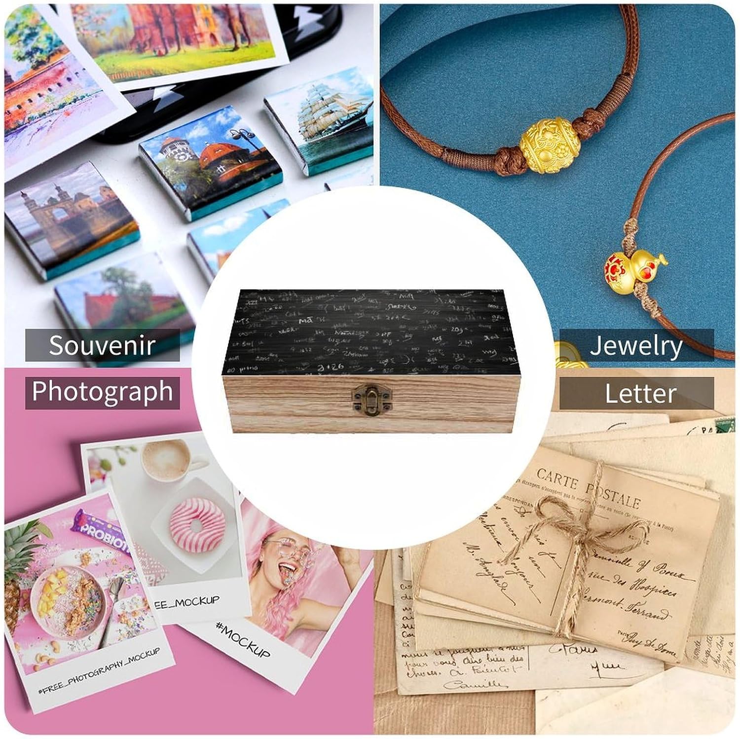 Blackboard Wallpaper Memory Jewelry Wooden Box, Large Wooden Treasure Chest Boxes with Hinged Lid, Photos Storage Case for Women Men, Wooden Keepsake Box, 7.9'' X 3.9'' X2.3''