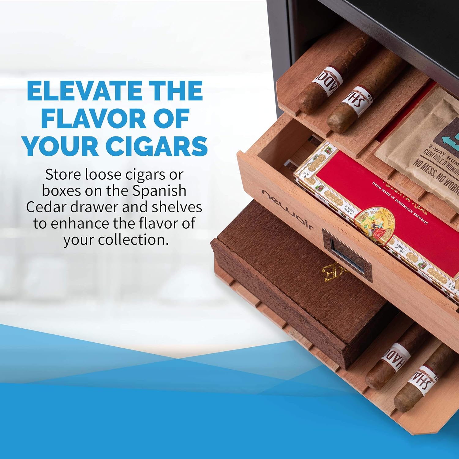 NewAir 250 Count Electric Cigar Humidor Box | Cigar Cooler Cabinet with Thermoelectric Cooling | Digital Temperature Controls, Spanish Cedar Shelves, and Locking Glass Door | Stainless Steel