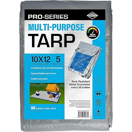 10x12 Ft Tarp, Waterproof Plastic Poly 5.5 Mil Thick Tarpaulin with Metal Grommets Every 18in - Emergency Rain Shelter, Outdoor Cover and Camping Use - (Reversible, Blue and Silver)