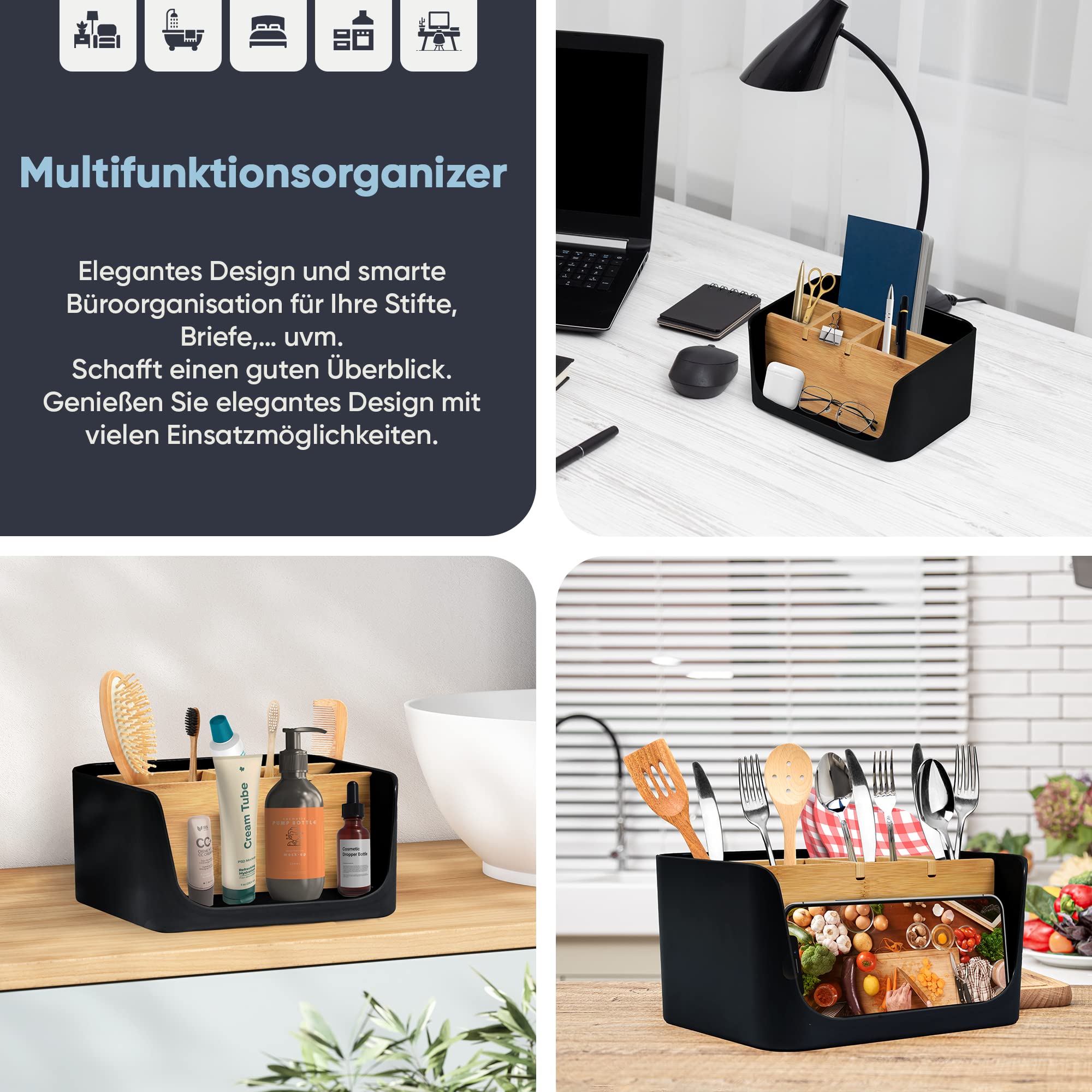 ECO Schreibtisch Organizer | Tisch- Büro- Kosmetik- Organizer | Handy & Tablet Halterung | Stiftehalter Schreibtisch | Briefablage | Serviettenhalter (schwarz, klein)
