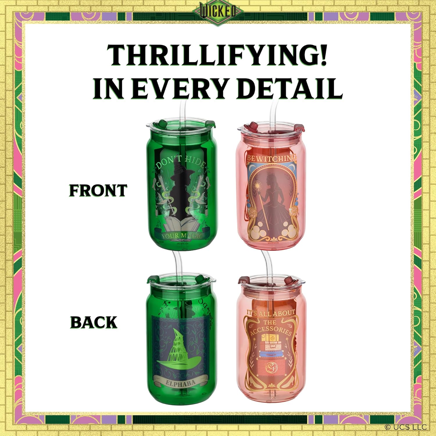 Dragon Glassware x Wicked 16 oz Drinking Glasses Set of 2 - Glass Cups with Lids and Straws - Iced Coffee Cups with Lids - Reusable Glass Tumbler with Straw and Lid - Enchanted