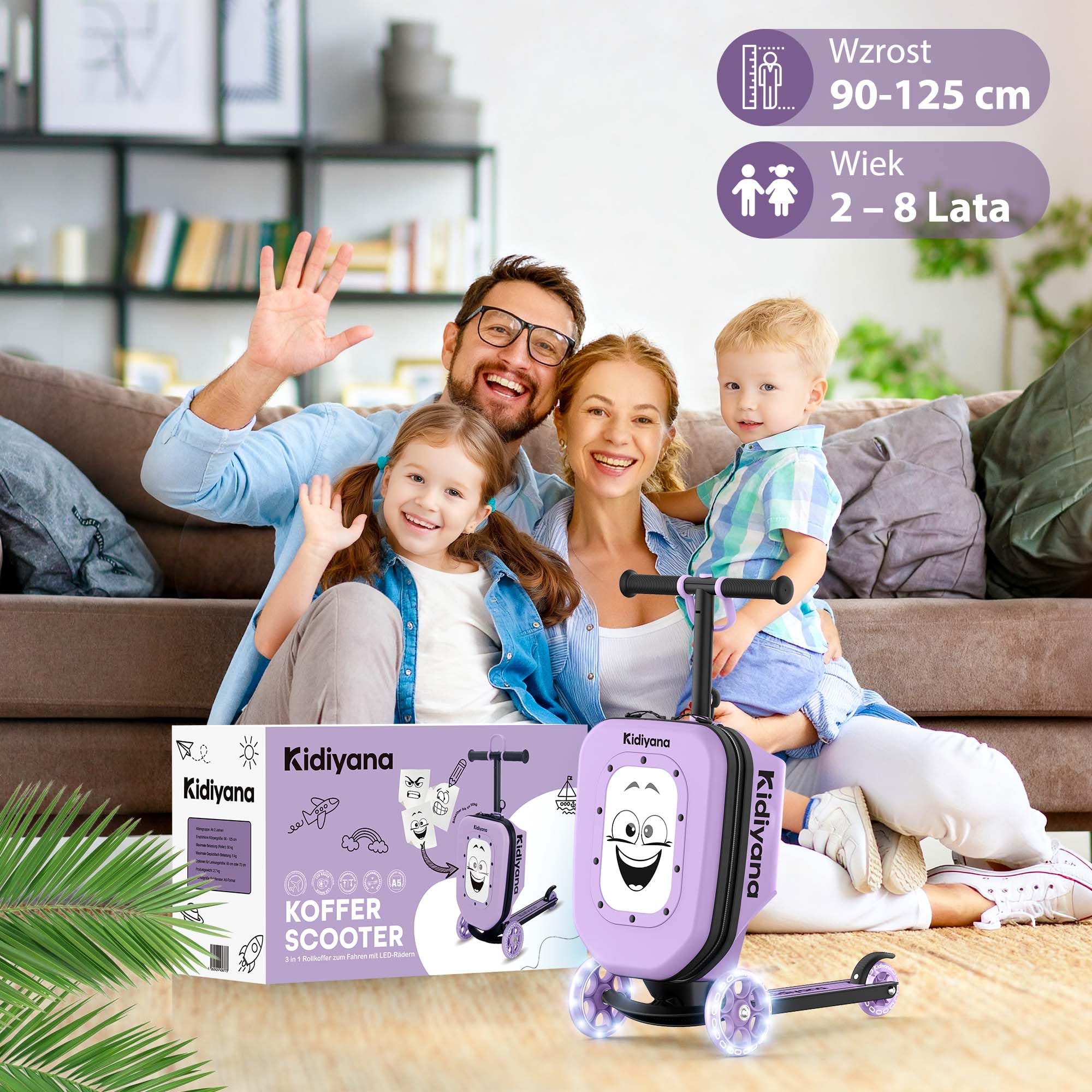 Hulajnoga dziecięca z walizką, walizka podręczna z hulajnogą, koła LED, regulowana wysokość kierownicy, okienko A5, powiększenie schowka 7 cm, prezent dla malucha 2–8 lat, do 50 kg