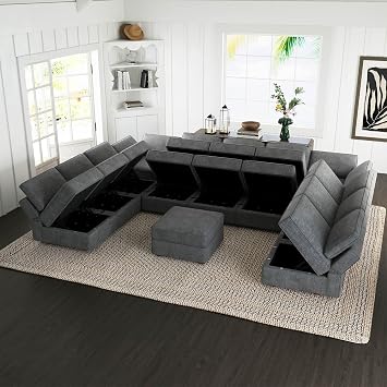 Belffin Modular Sectional Sofa Convertible 15 Seats Couches, U Shaped Modular Couch with Storage Chaise Sectional Couch for Living Room, Dark Grey