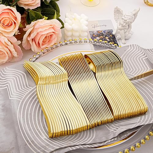 Miniatura 4 de Supernal Juego de cubiertos desechables de plástico dorado de 360 piezas, incluye 120 tenedores, 120 cuchillos, 120 cucharas, adecuado para fiestas,