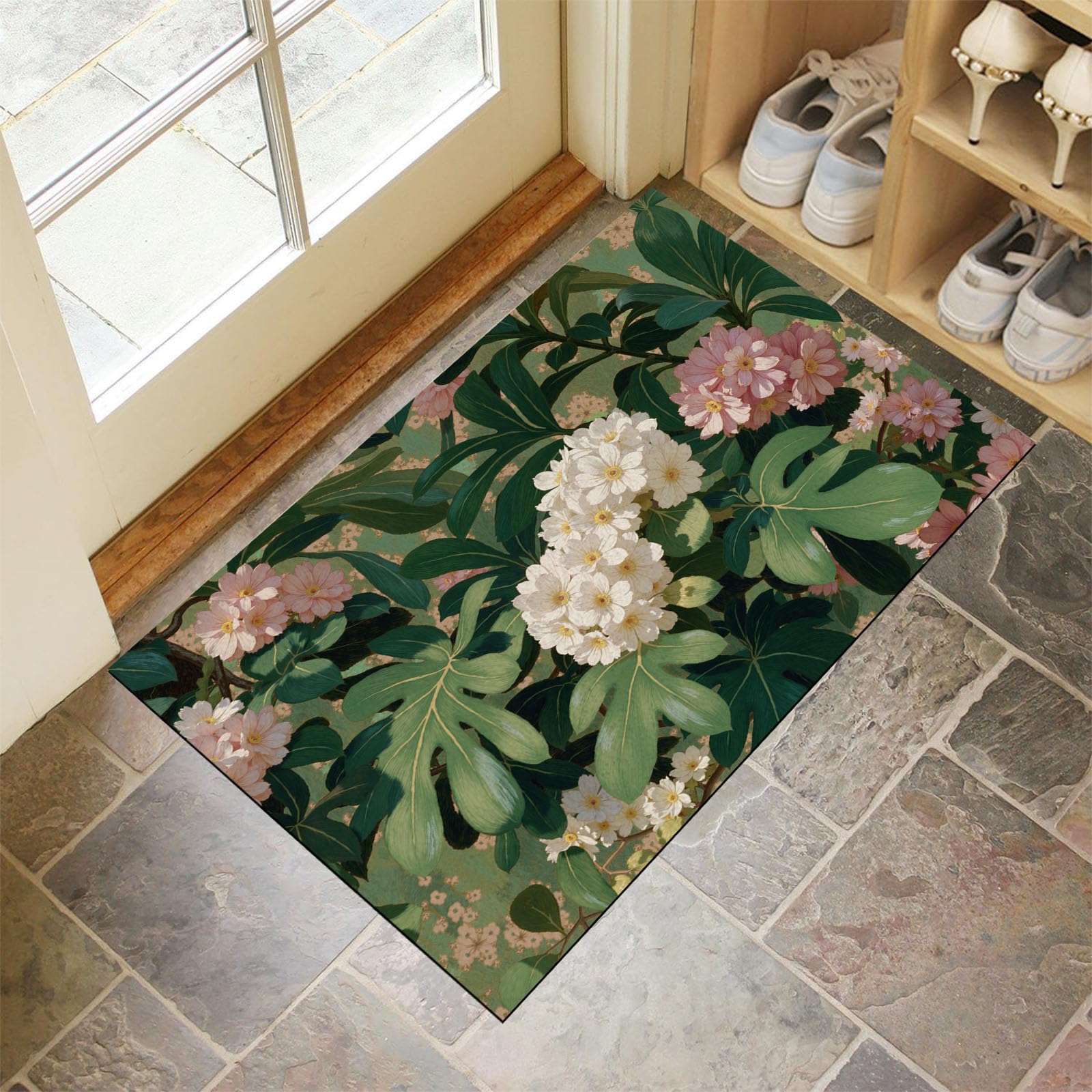 paillasson Fleurs Tropicales - Tapis Robuste Feuilles De Monstera Hortensia 60x90cm - Anti-dérapant Intérieur-Extérieur, Blanches Vertes