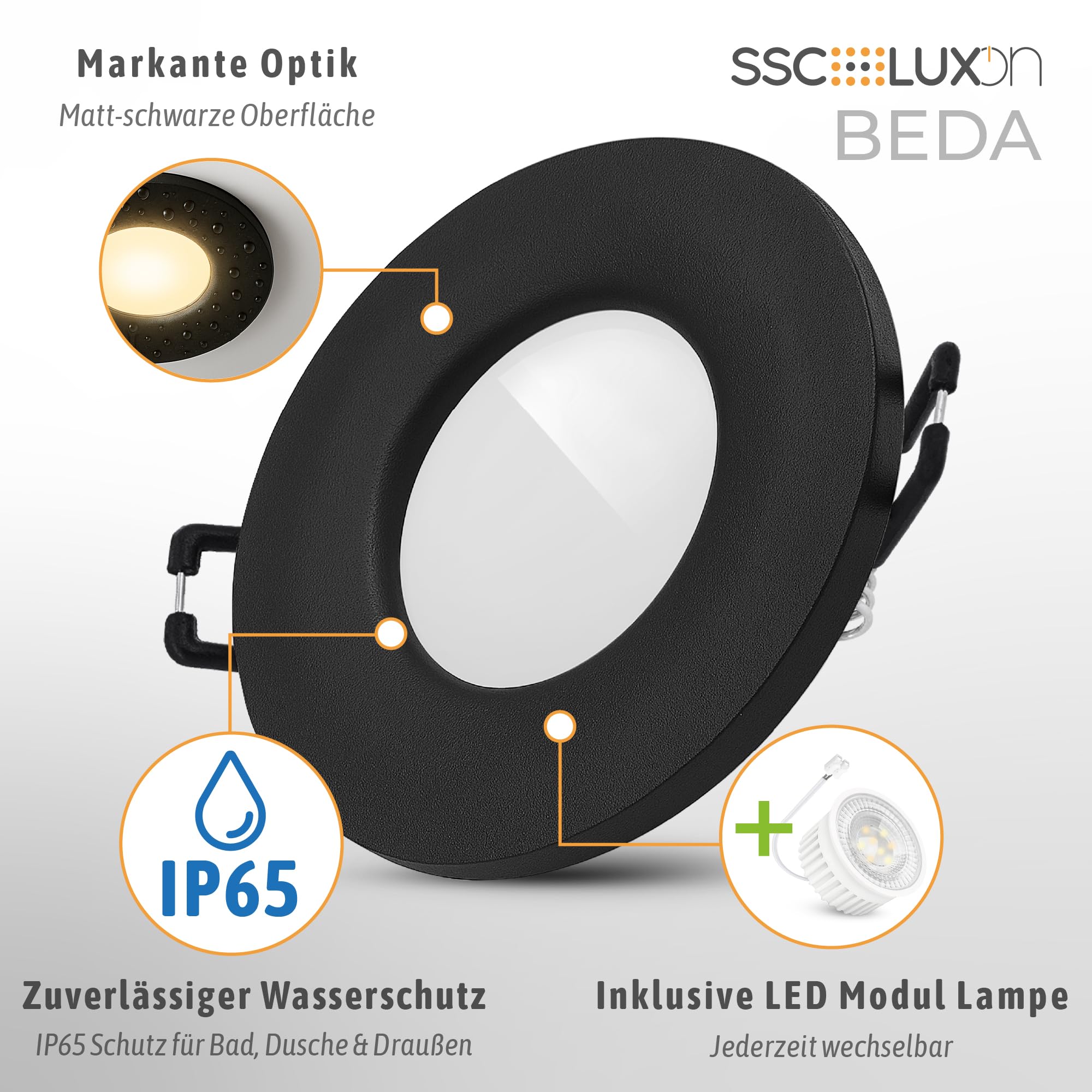 SSC-LUXon BEDA Einbaustrahler 6er Set schwarz IP65 GU10 5W 3 Lichtfarben | Sechs Deckenspots IP65 schwarz matt - warm / neutral / kalt, für Bad, Küche & Flur, blendfrei, inkl. GU10 LED