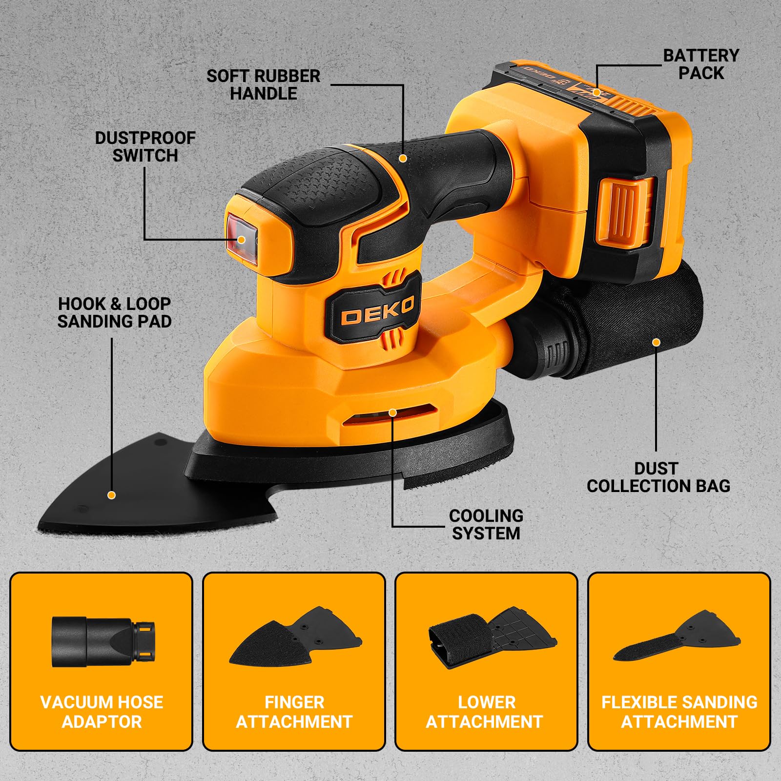 Levigatrice Mouse per Legno: DEKOPRO 20V Multifunzione Levigatrice Palmare con Batteria 13000 RPM, 3 Accessori Aggiuntivi 12PCS Carte Vetrata - per Levigare in Falegnameria e DIY Giallo e Nero