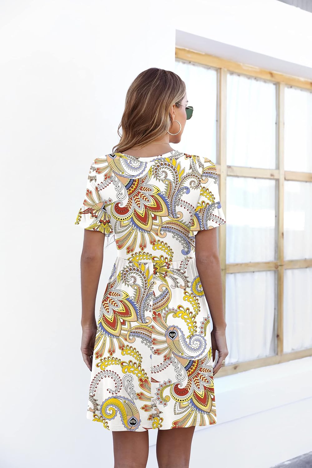 VIISHOW Women's Summer Dress Ruffle Sleeve Round Neck Mini Dress Solid Color/Floral Print Loose Comfy Swing Sundress - Image 4