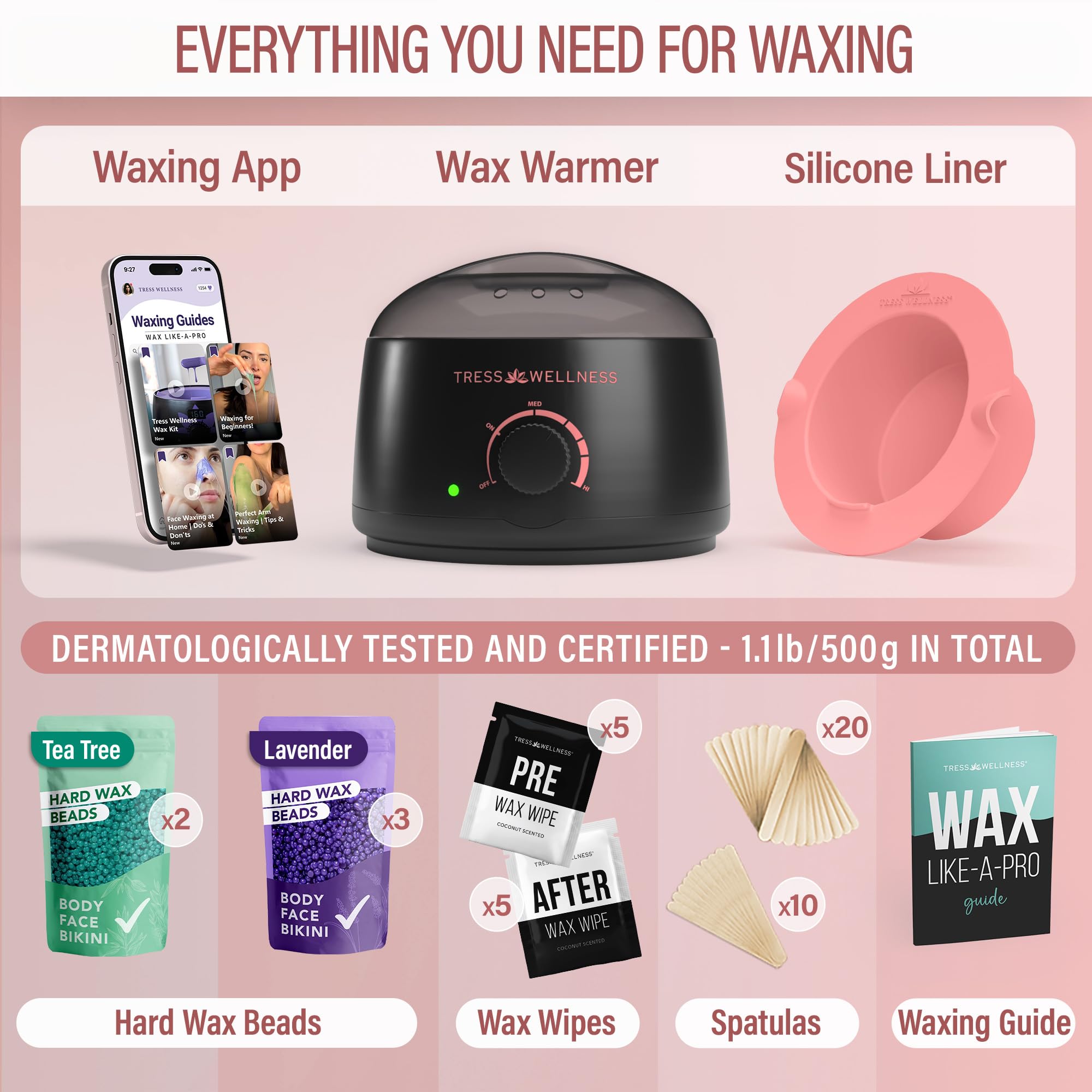 Tress Wellness Kit ceretta per pelli sensibili, sicuro per viso e pelle, salviette per la preparazione e la cura del viso, facile da usare, kit a casa per viso, bikini, brasiliana e tutto il corpo