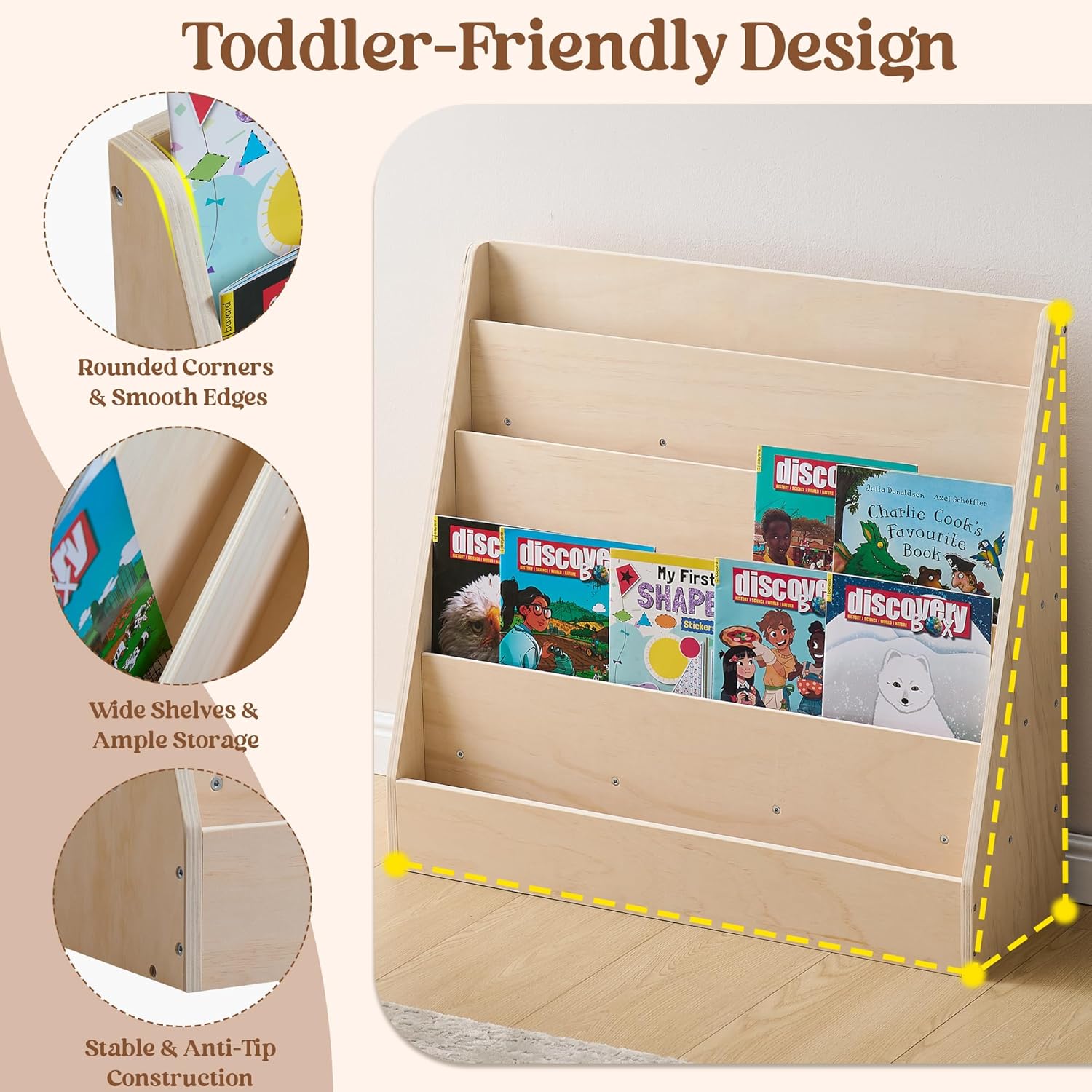 Montessori 5-Tier Kids Bookshelf & Organizer, Pine Plywood Forward-Facing Book Display Shelf for Playroom, Nursery & Classroom