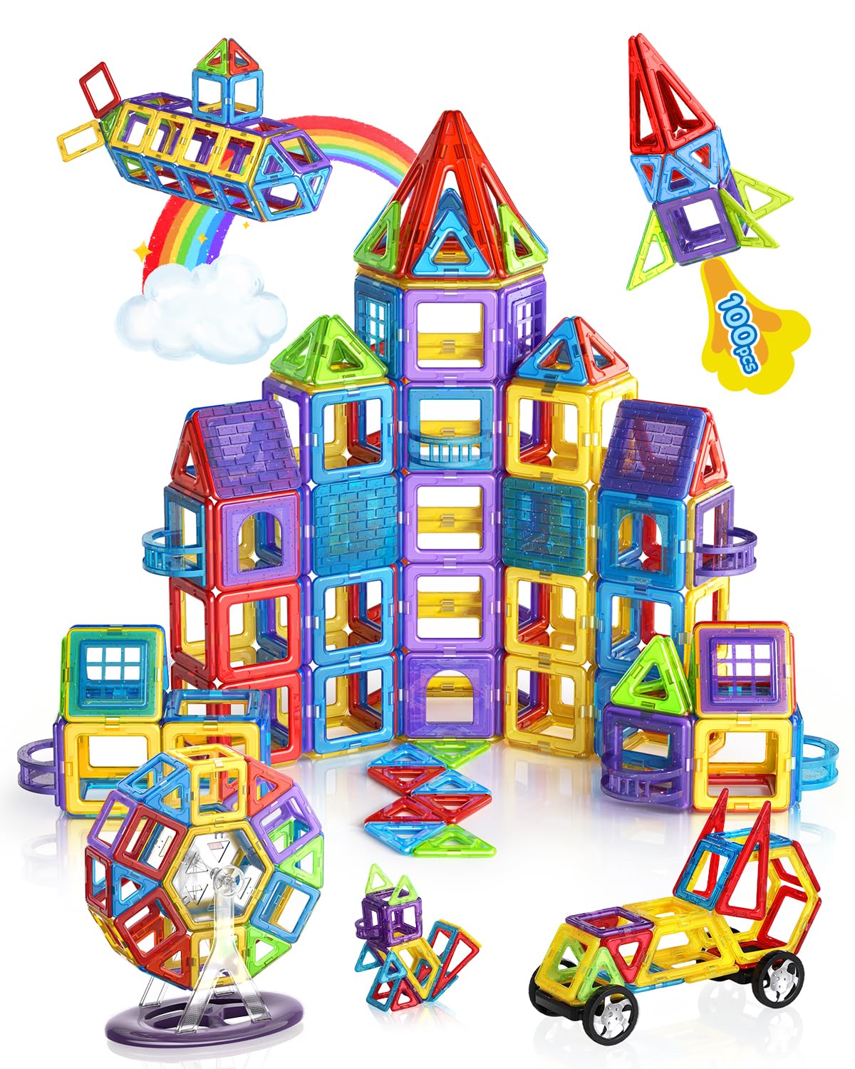 Theefun 100 Pezzi Costruzioni Magnetiche 3D, Blocchi Magnetici Educativi STEM Montessori con Forme e Colori Multipli Gioco Creativo per Ragazzi e Ragazze 3–8 Anni Idea Regalo per Natale, Compleanni