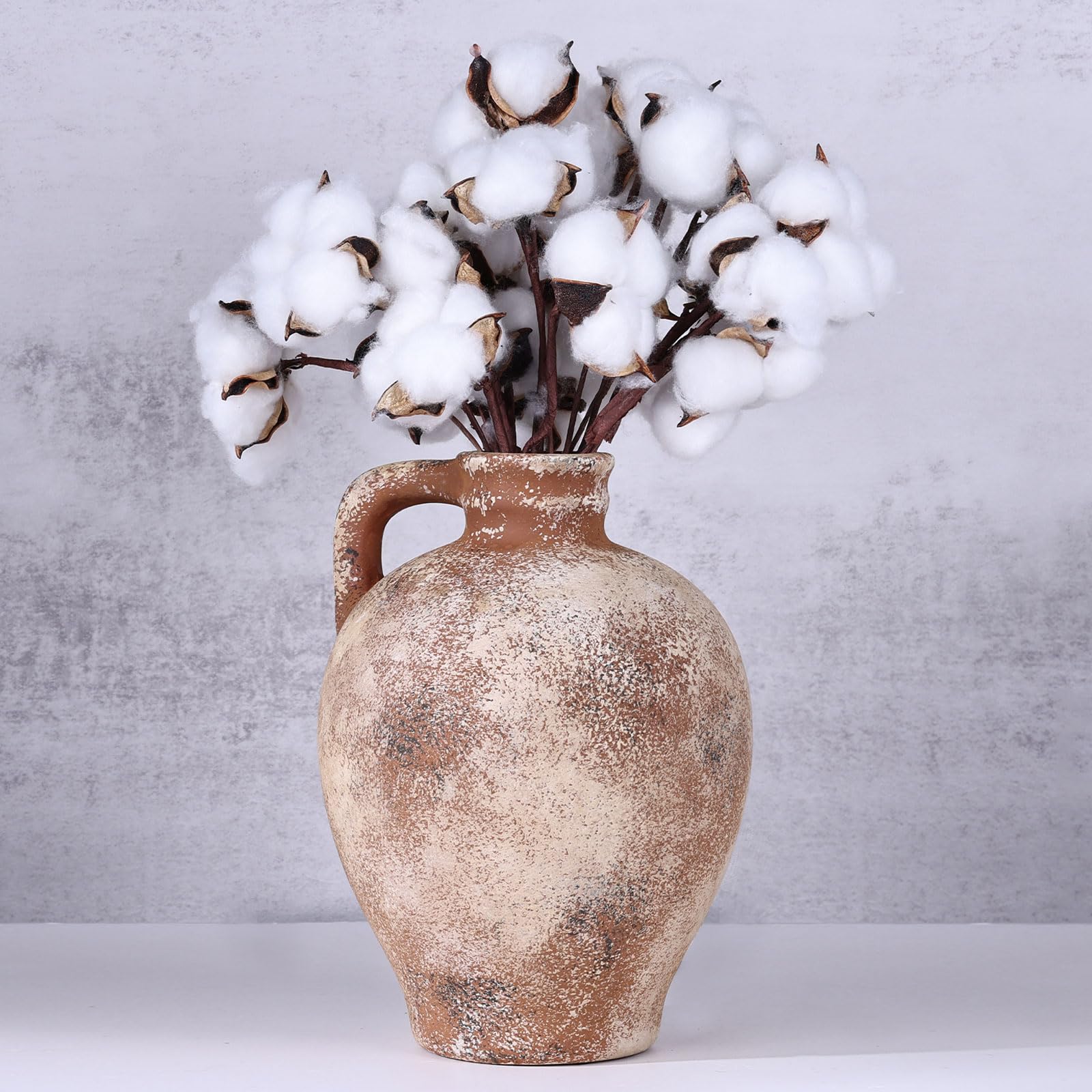 Jarrón Rústico con Asas de 22,6 cm, Florero Farmhouse para Decoración del Hogar, Jarrón de Terracota y Vintage, Jarrón de Piedra Vintage Adecuado para Sala de Estar, Estantería y Mesa de Comedor
