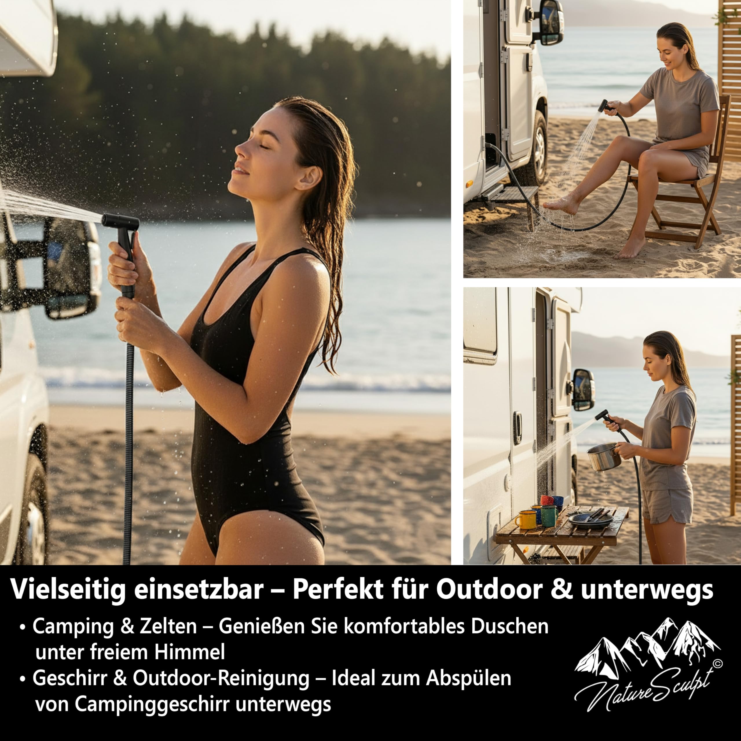Pommeau de douche mobile pour camping en acier inoxydable, alimentation en eau réglable, tuyau de 1,2 m, compact et idéal pour l'extérieur, vanlife et camping-car (chrome)