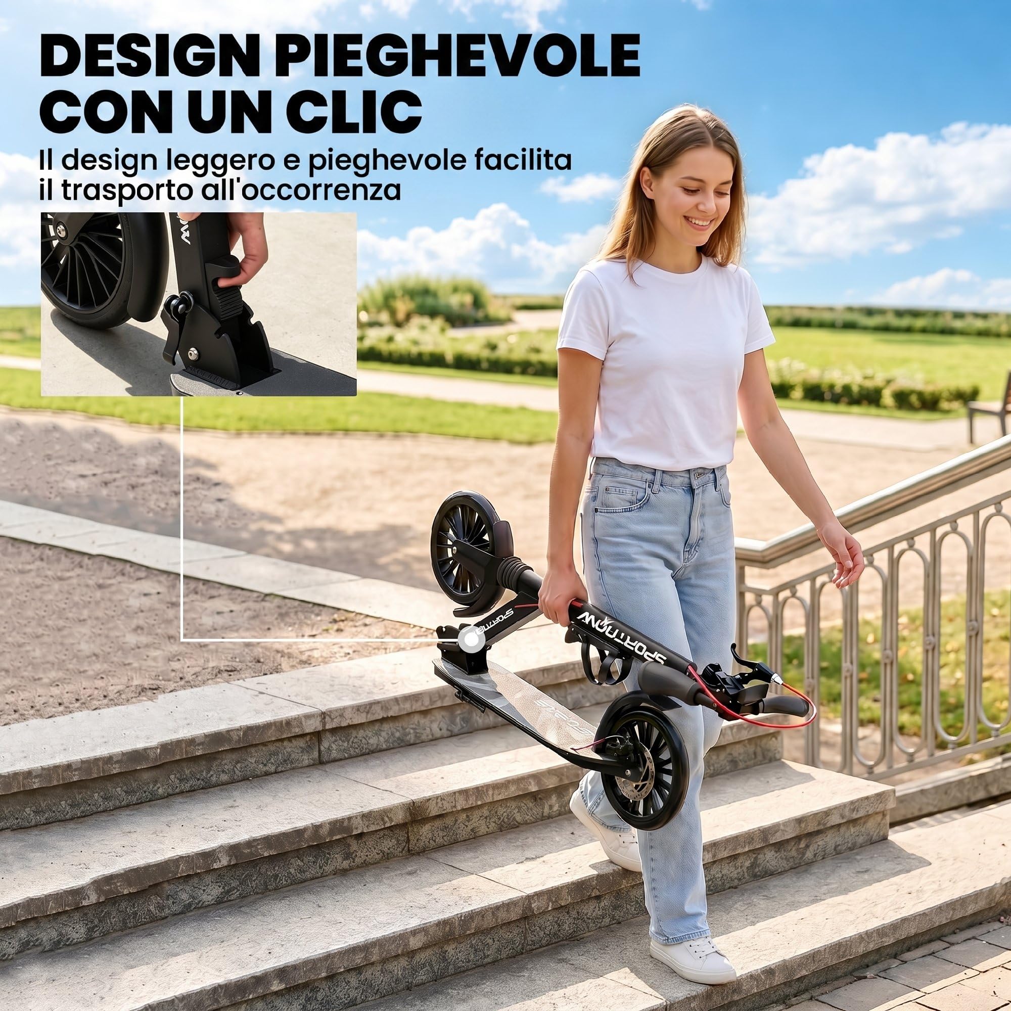 SPORTNOW Monopattino Adulto Pieghevole con Manubrio Regolabile, Scooter Pieghevole in Alluminio con un Solo Clic, Ruote Grandi di 200 mm, Ammortizzatore, Doppio Freno, ABEC-7, Portata 100 kg, Argento